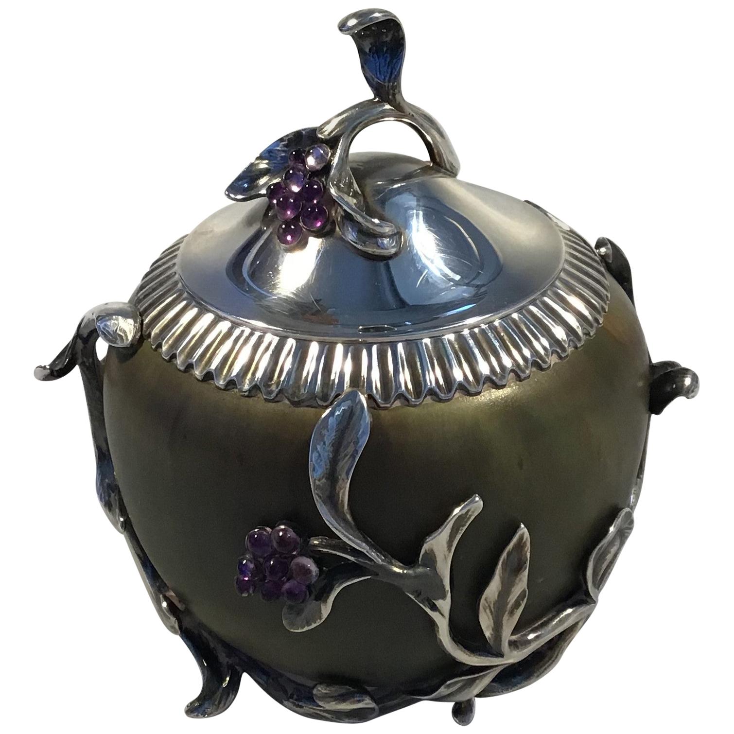 Royal Copenhagen Stoneware Jar with Anton Michelsen Silver Mounting 30 Amethysts For Sale