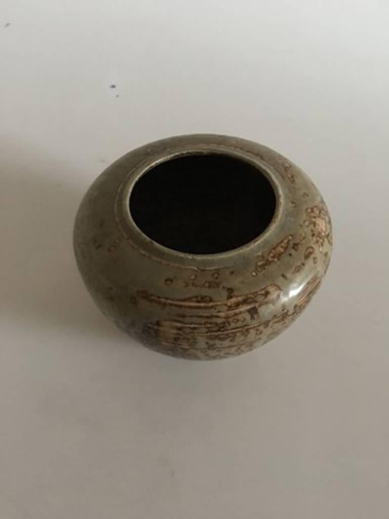 Royal Copenhagen stoneware vase by Carl Hallier / Nordstrøm #55/18. Measures 9.5 cm high and 14.5 cm wide (3 3/4 inches high and 5 7/10 inches wide).