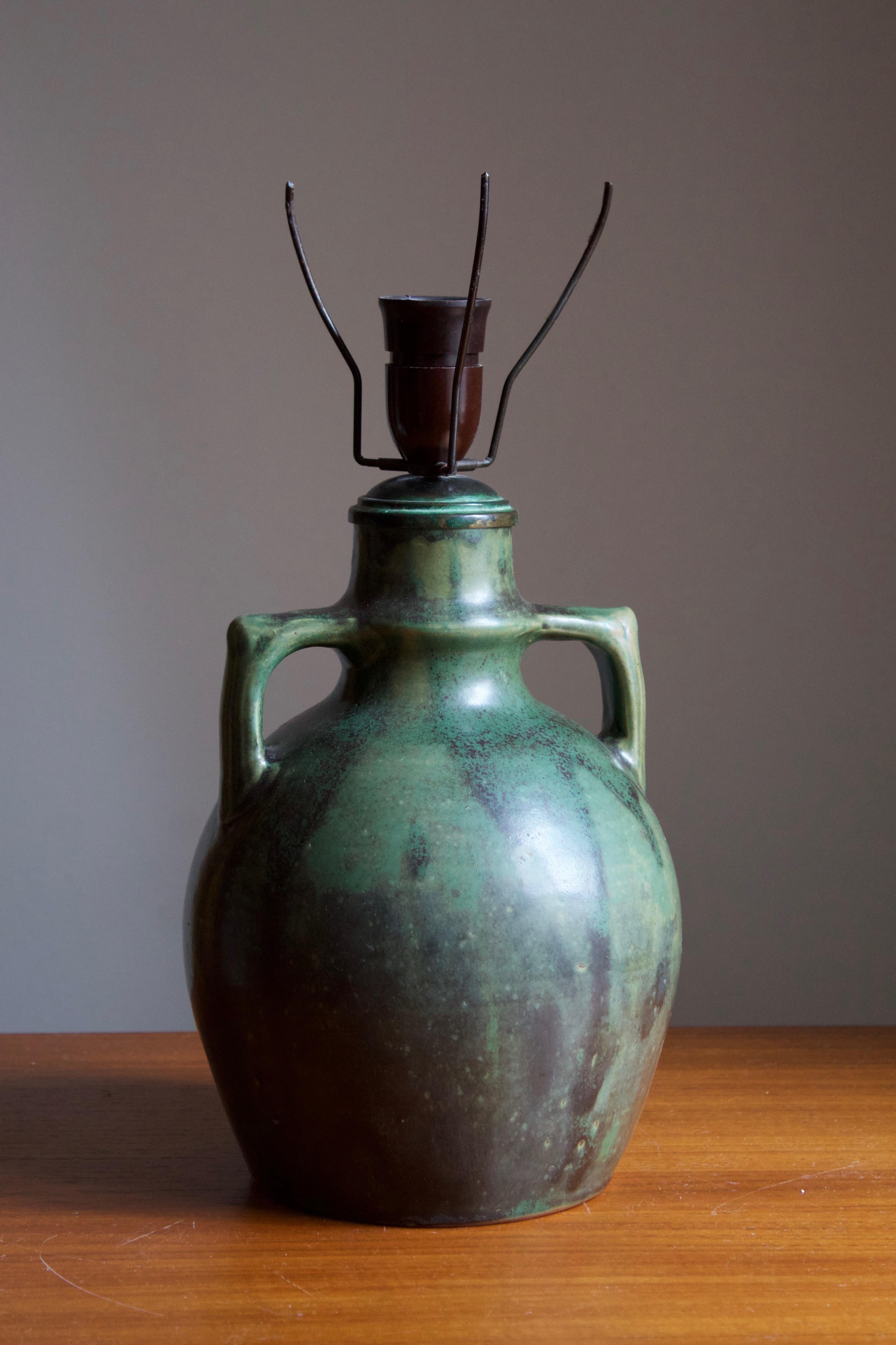 Danish Royal Copenhagen, Table Lamp, Green Stoneware and Metal, Denmark, 1927