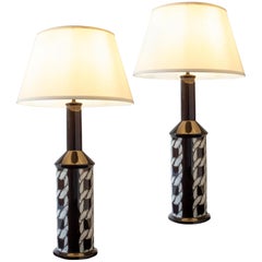 Royal Copenhagen, Tall Pair of Dark Brown & Ivory Chain-Link Faience Table Lamps
