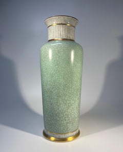 Royal Copenhagen, Tall Pale Green Crackle Glazed Vase With Gilded Banding #3031