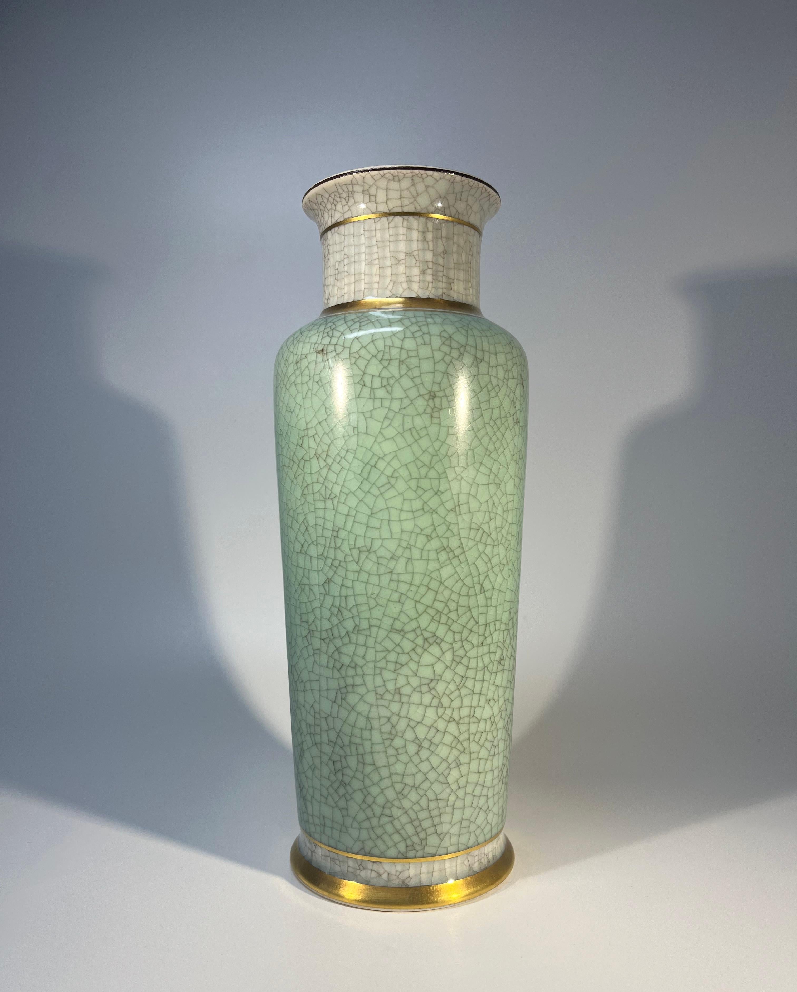 Danish Royal Copenhagen, Tall Pale Green Crackle Glazed Vase With Gilded Banding #3031 For Sale