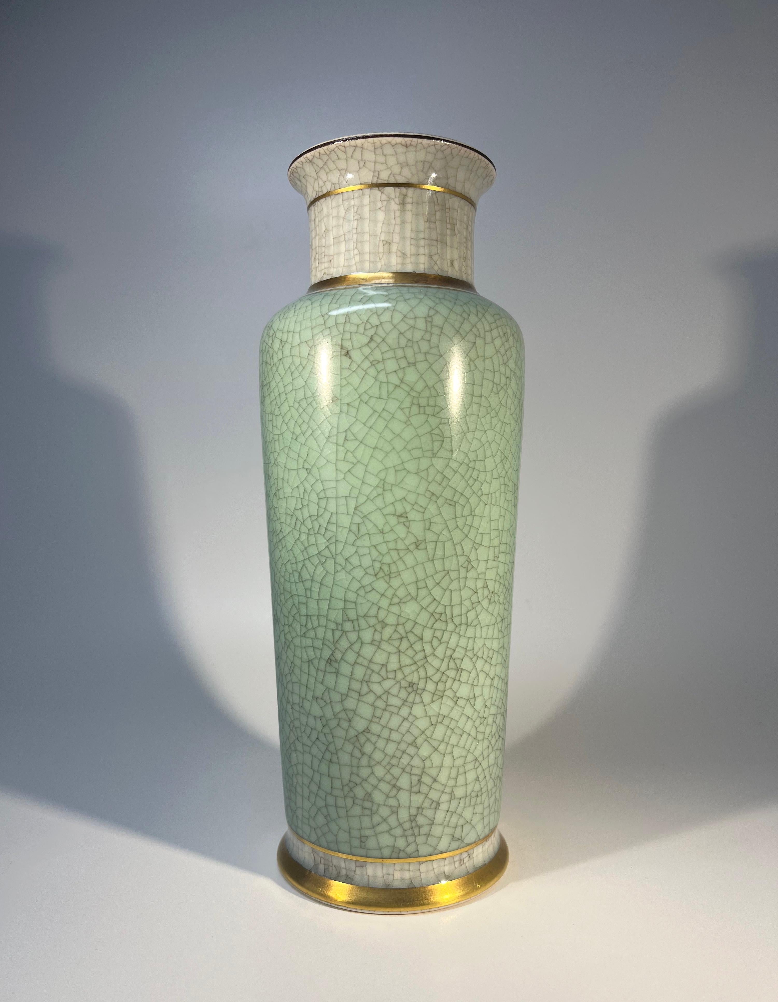 Royal Copenhagen, Tall Pale Green Crackle Glazed Vase With Gilded Banding #3031 In Good Condition For Sale In Rothley, Leicestershire
