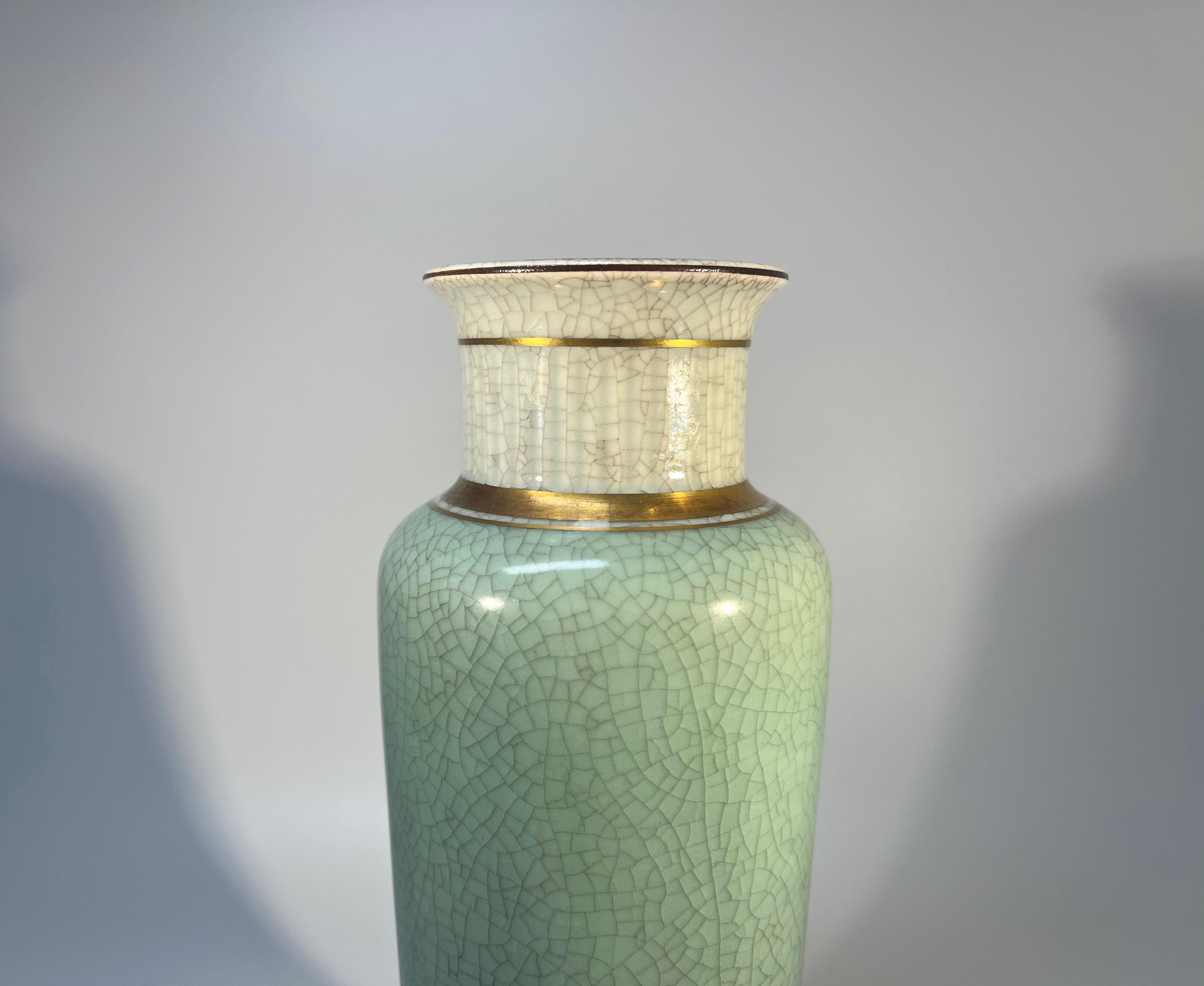 20th Century Royal Copenhagen, Tall Pale Green Crackle Glazed Vase With Gilded Banding #3031 For Sale