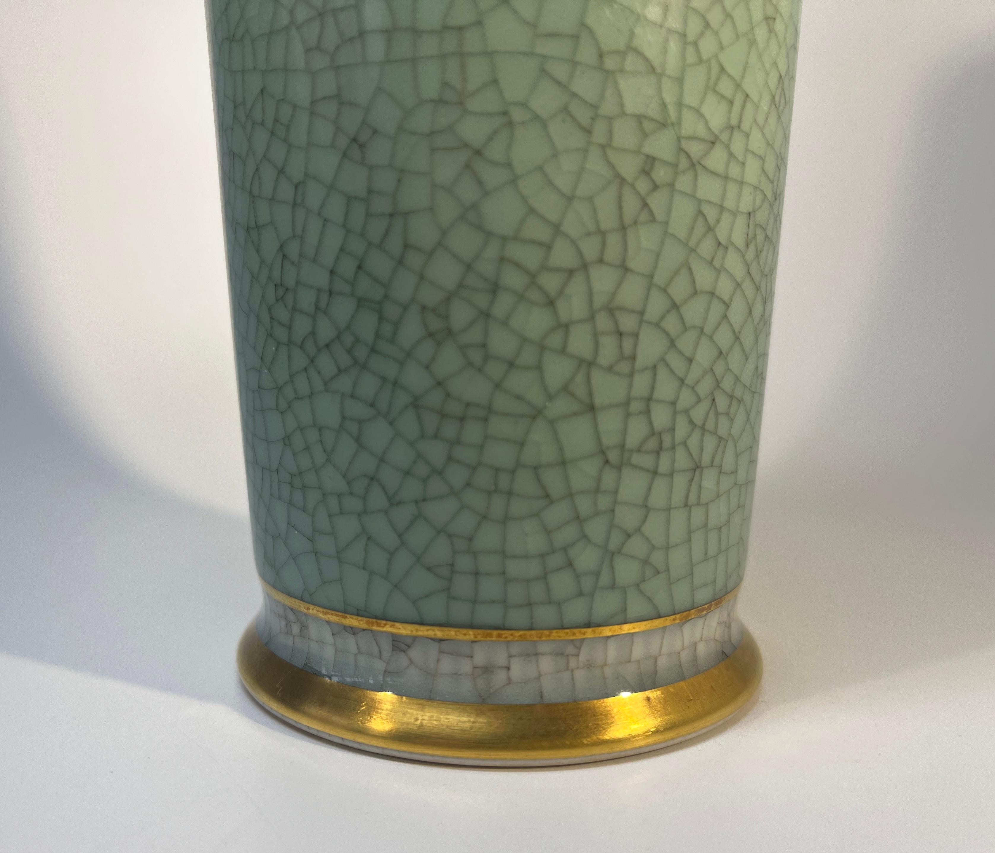 Porcelain Royal Copenhagen, Tall Pale Green Crackle Glazed Vase With Gilded Banding #3031 For Sale