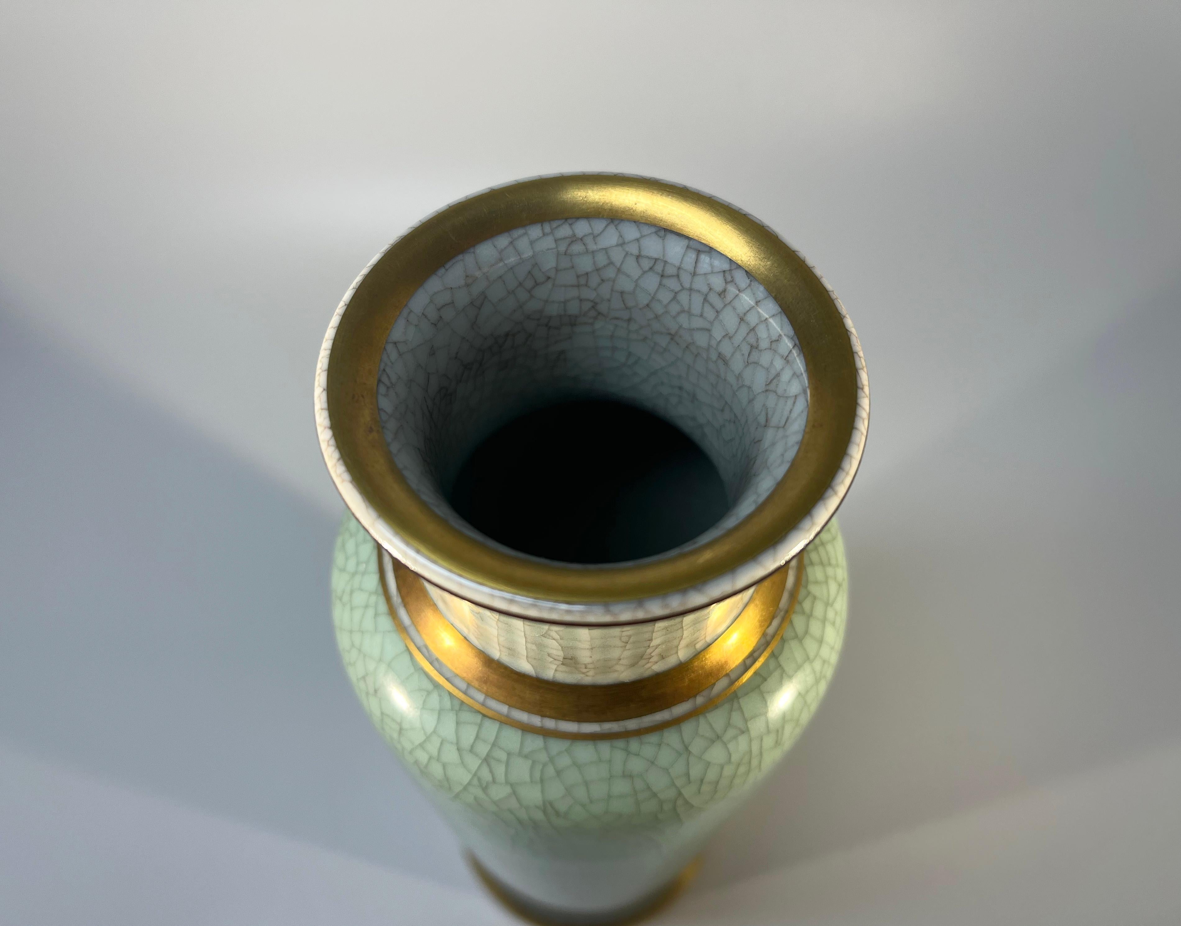 Royal Copenhagen, Tall Pale Green Crackle Glazed Vase With Gilded Banding #3031 For Sale 1