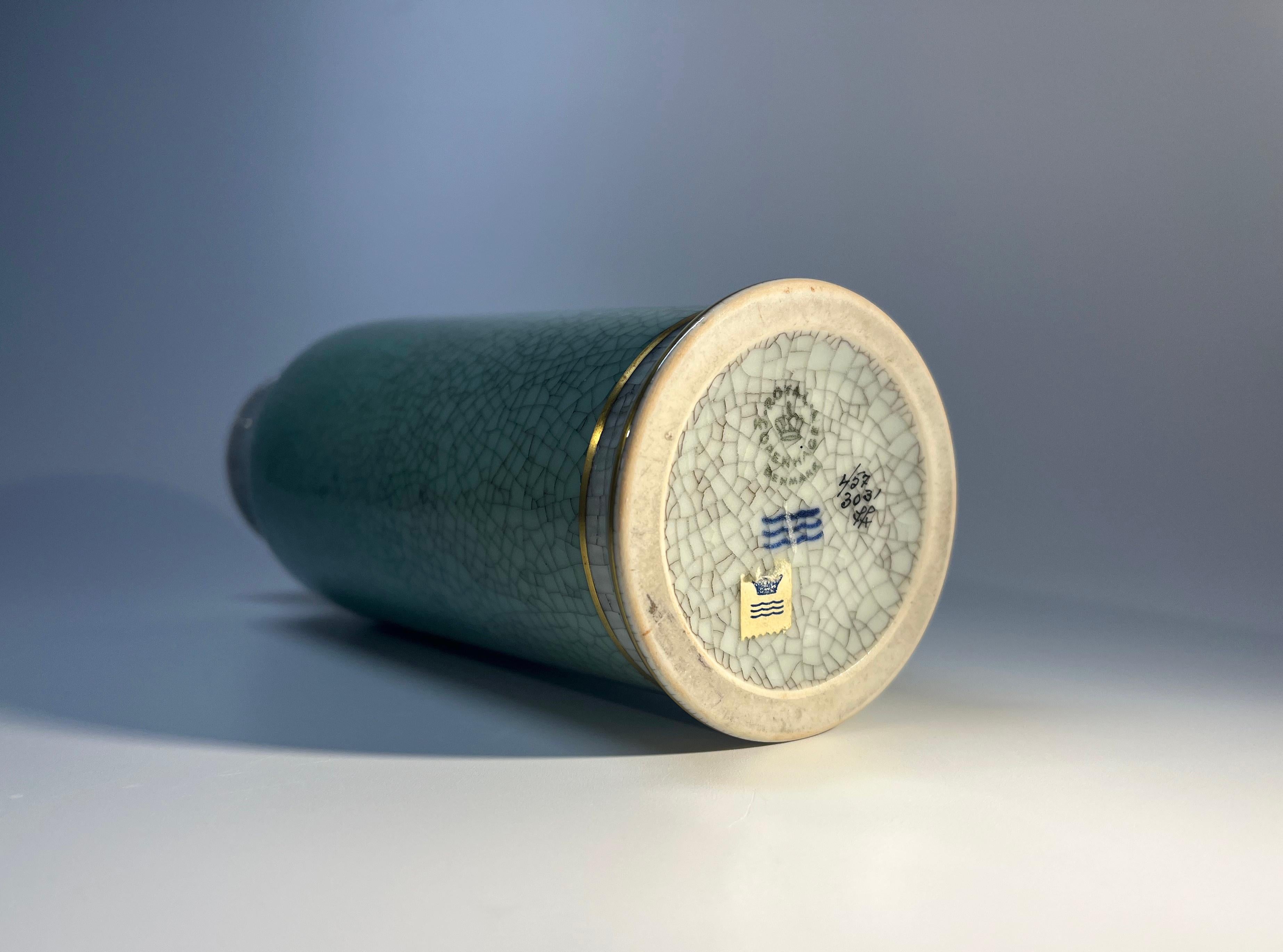 Royal Copenhagen, Tall Pale Green Crackle Glazed Vase With Gilded Banding #3031 For Sale 2