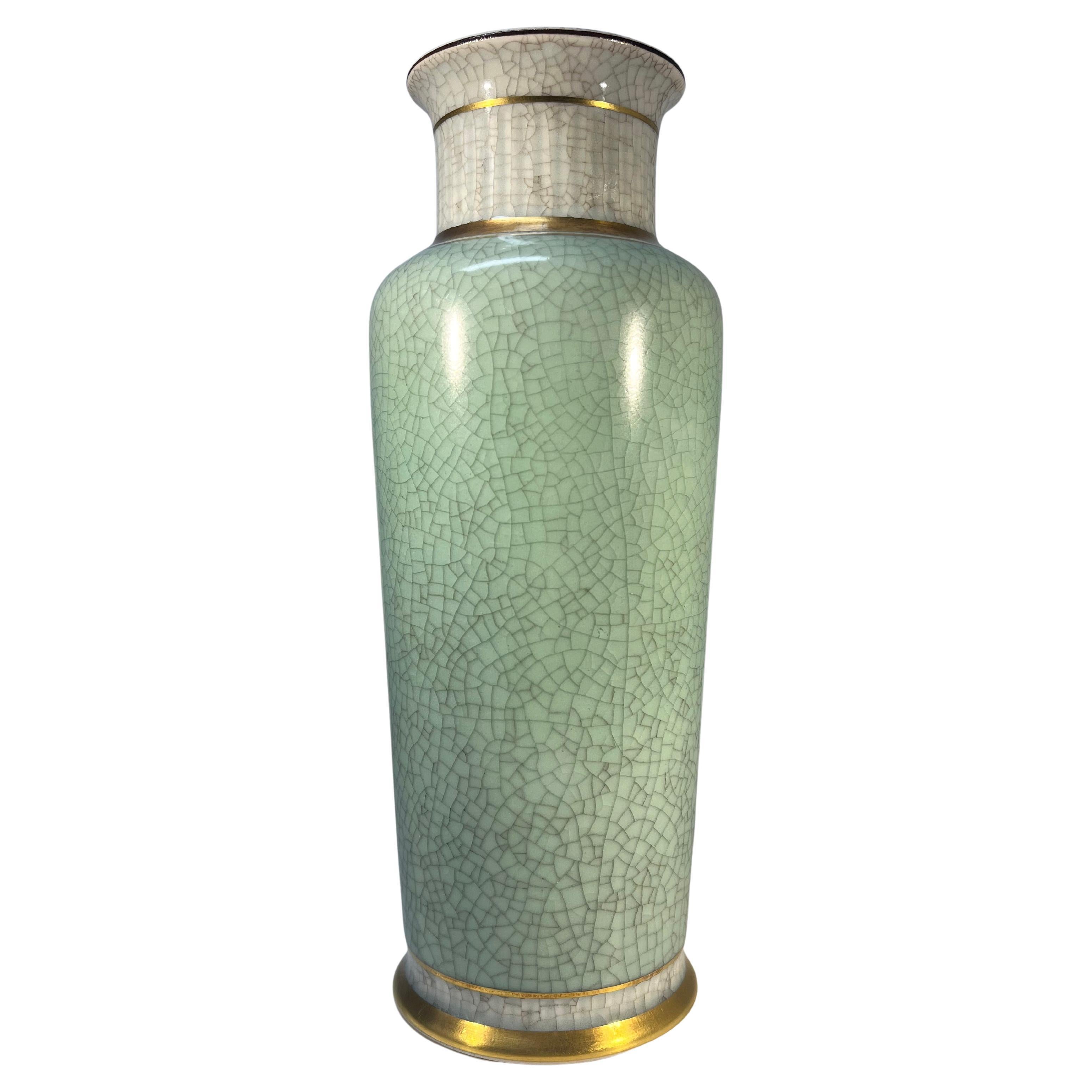 Royal Copenhagen, Tall Pale Green Crackle Glazed Vase With Gilded Banding #3031 For Sale