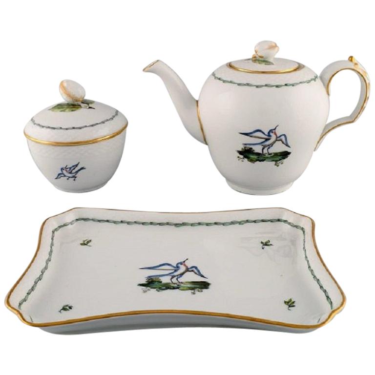 Royal Copenhagen Teapot, Sugar Bowl and Tray in Hand Painted Porcelain