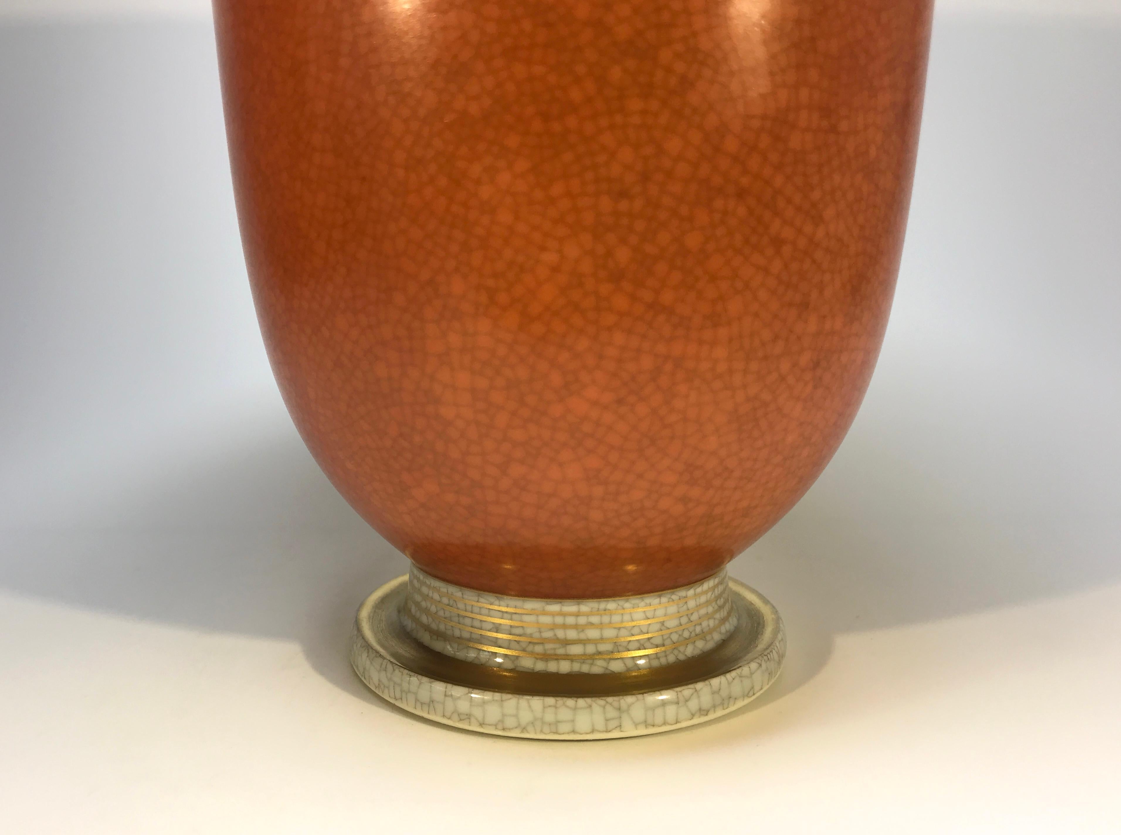 Danish Royal Copenhagen, Terracotta Crackle Glazed Vase Gilded Banding Decoration #2731