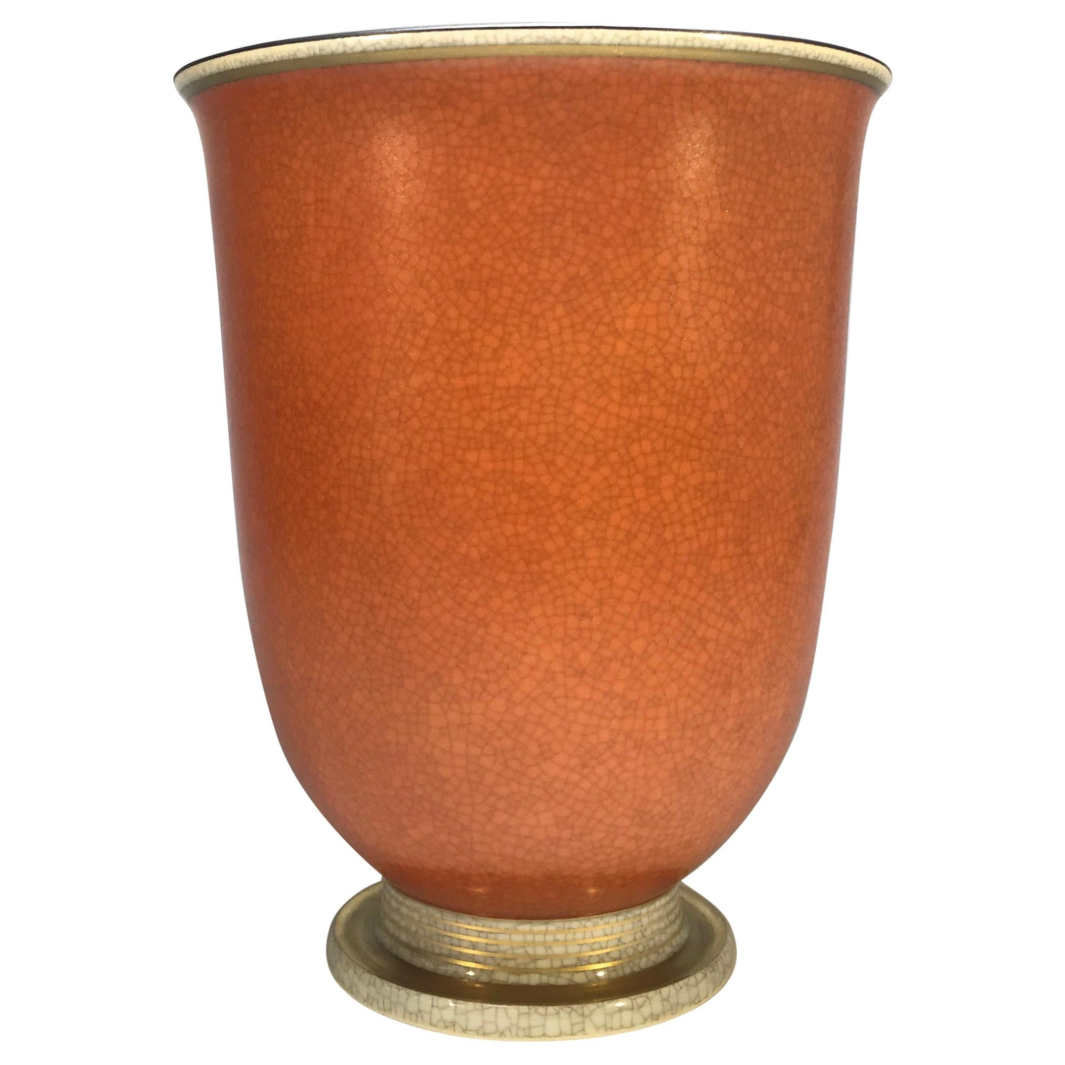 Royal Copenhagen, Terracotta Crackle Glazed Vase Gilded Banding Decoration #2731