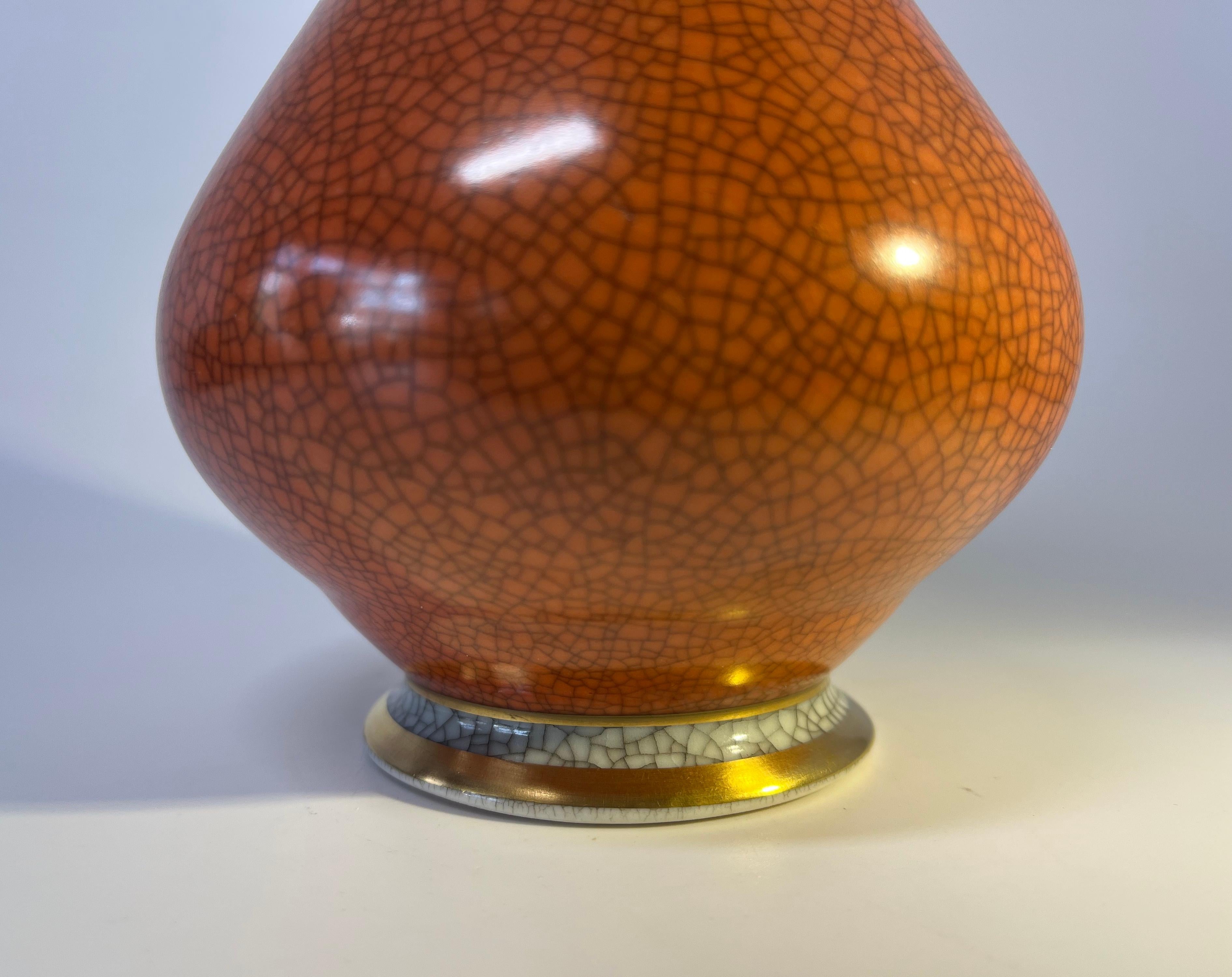 Danish Royal Copenhagen Terracotta Crackle Glazed Vase, Gilded Banding Decoration #3060 For Sale