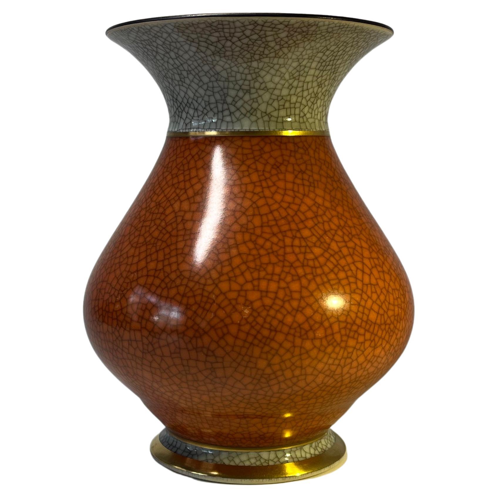 Royal Copenhagen Terracotta Crackle Glazed Vase, Gilded Banding Decoration #3060 For Sale