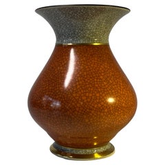 Retro Royal Copenhagen Terracotta Crackle Glazed Vase, Gilded Banding Decoration #3060