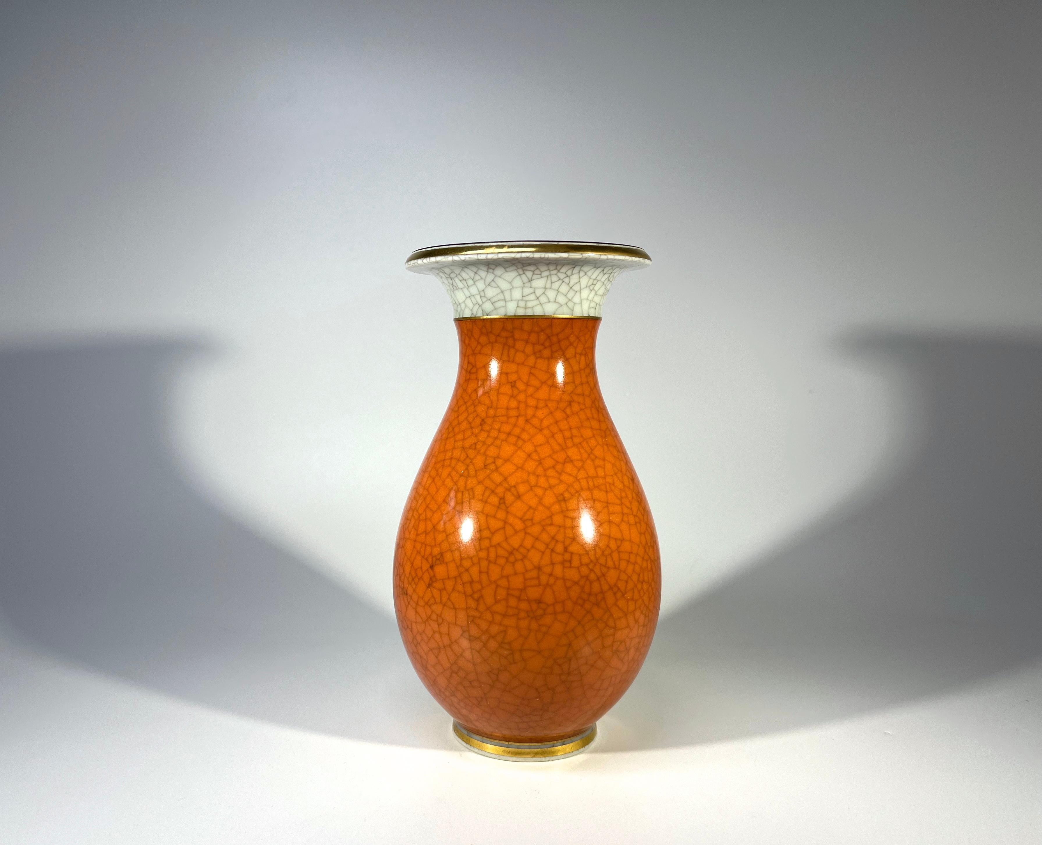 Scandinavian Modern Royal Copenhagen, Terracotta Crackle Glazed Vase With Gilded Banding Decoration