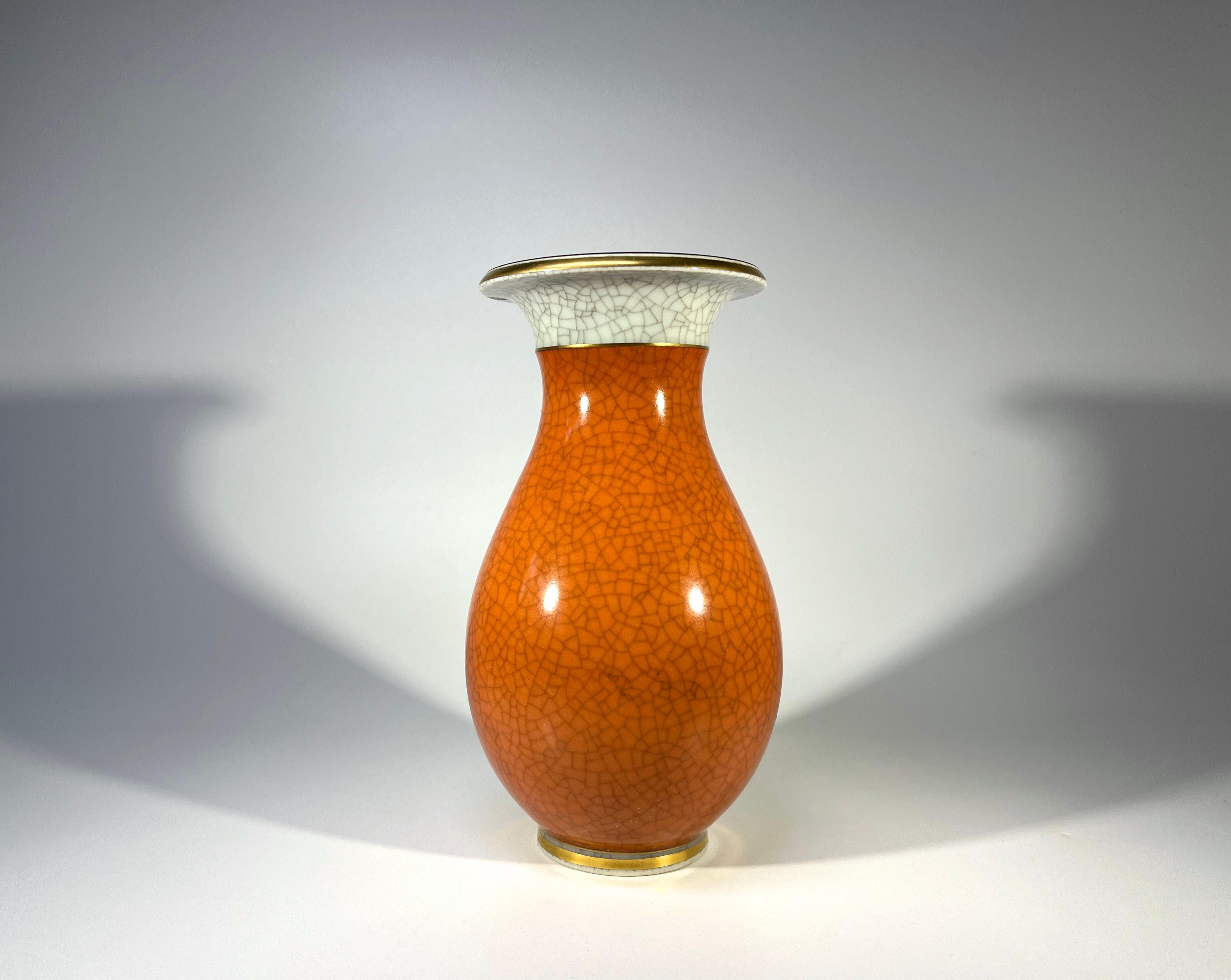 Danish Royal Copenhagen, Terracotta Crackle Glazed Vase With Gilded Banding Decoration