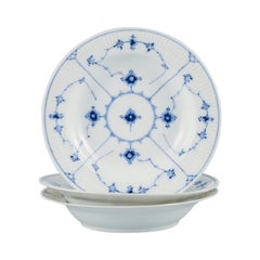 Antique Royal Copenhagen, Three Blue Fluted Plain Deep Plates. Model Number 1/165