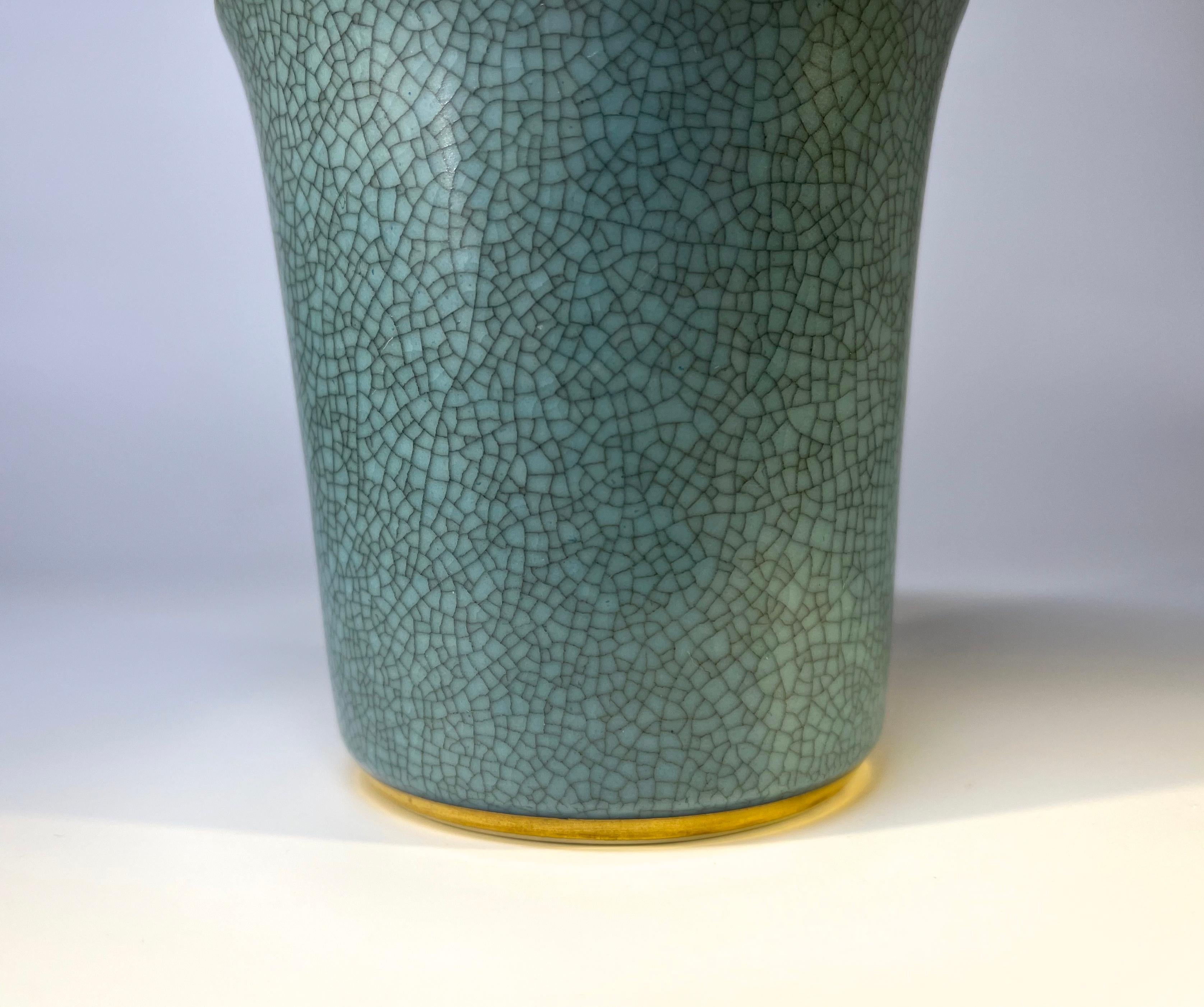 Scandinavian Modern Royal Copenhagen Turquoise Crackle Glaze Tumbler Pot With Gilded Band Decoration