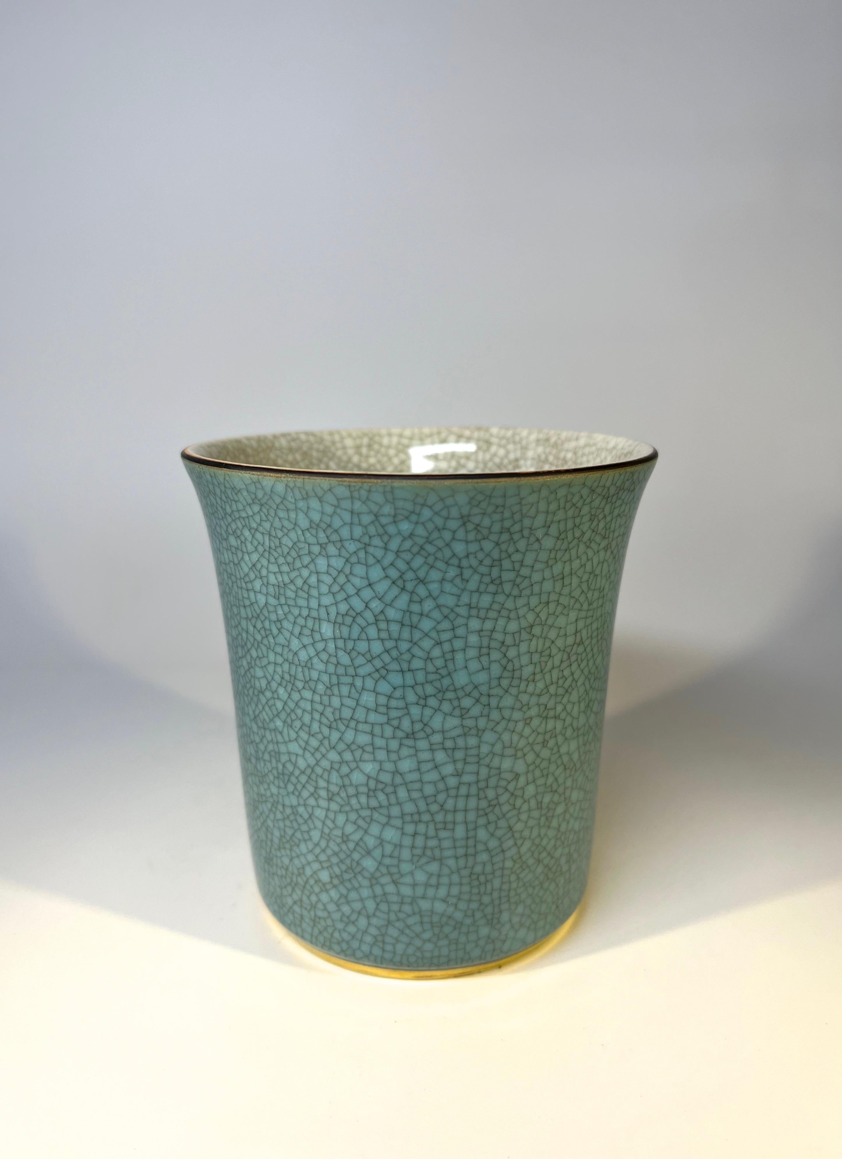 Glazed Royal Copenhagen Turquoise Crackle Glaze Tumbler Pot With Gilded Band Decoration