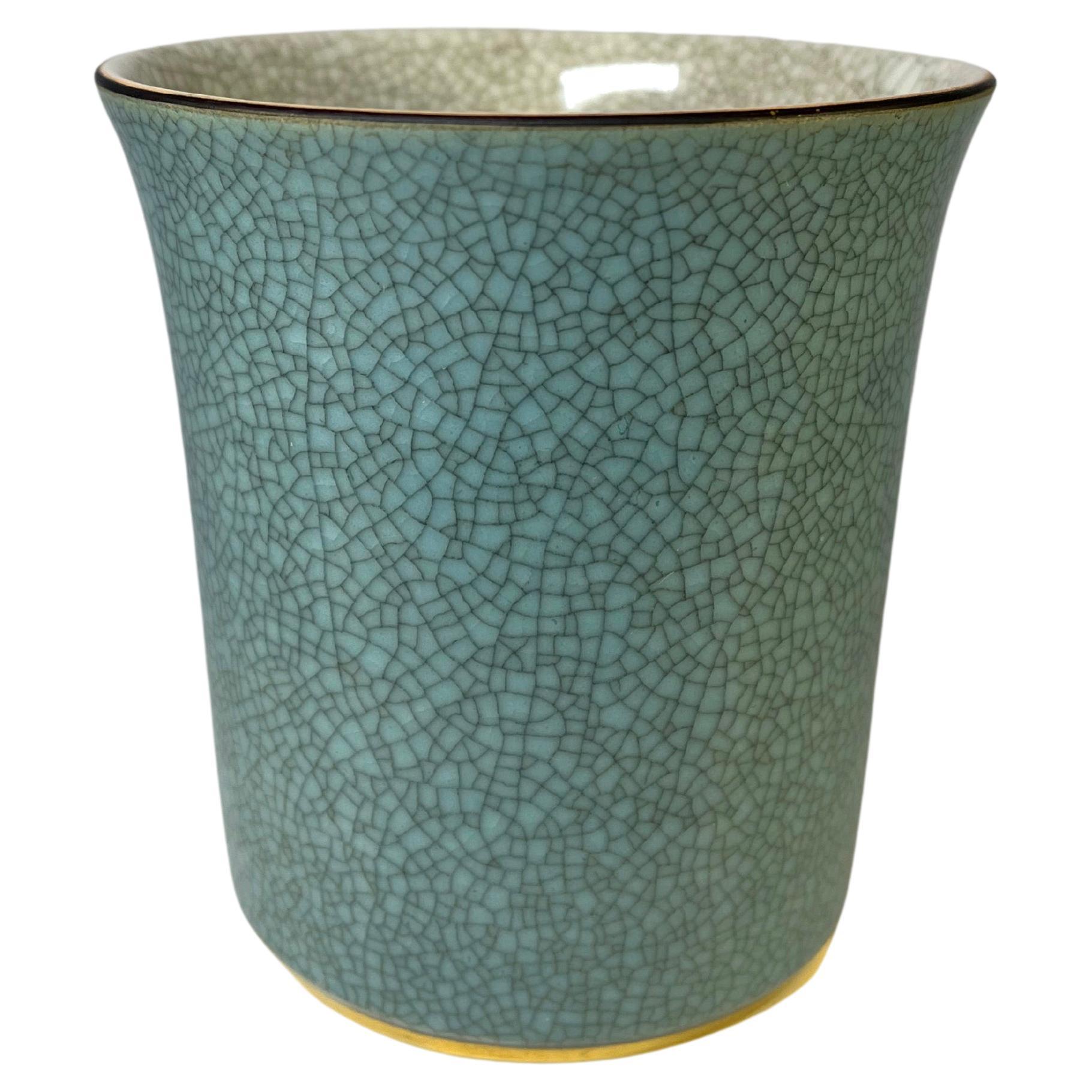 Royal Copenhagen Turquoise Crackle Glaze Tumbler Pot With Gilded Band Decoration