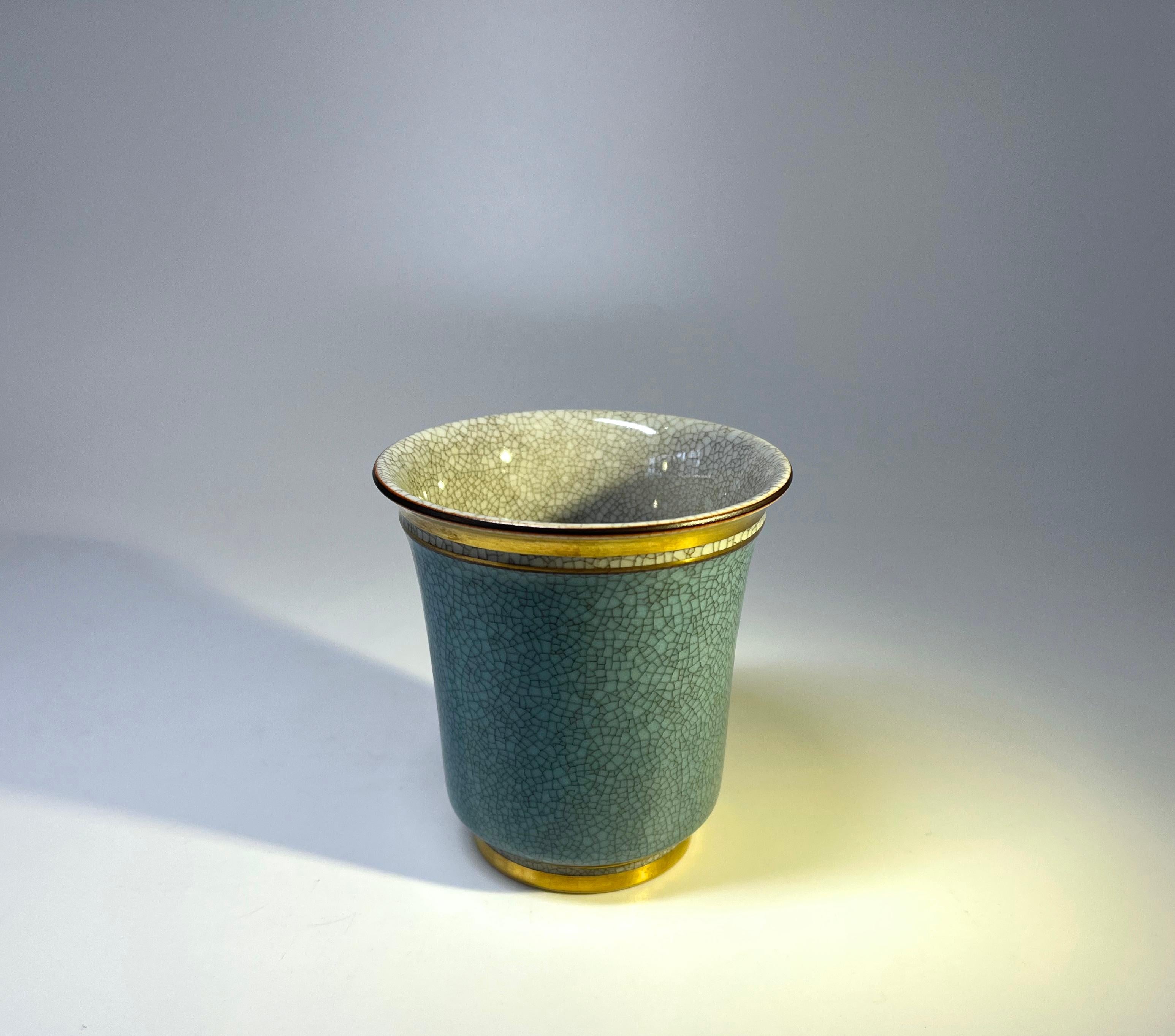 Art Deco Royal Copenhagen Turquoise Crackle Glaze Tumbler Pot With Gilded Decor #3491