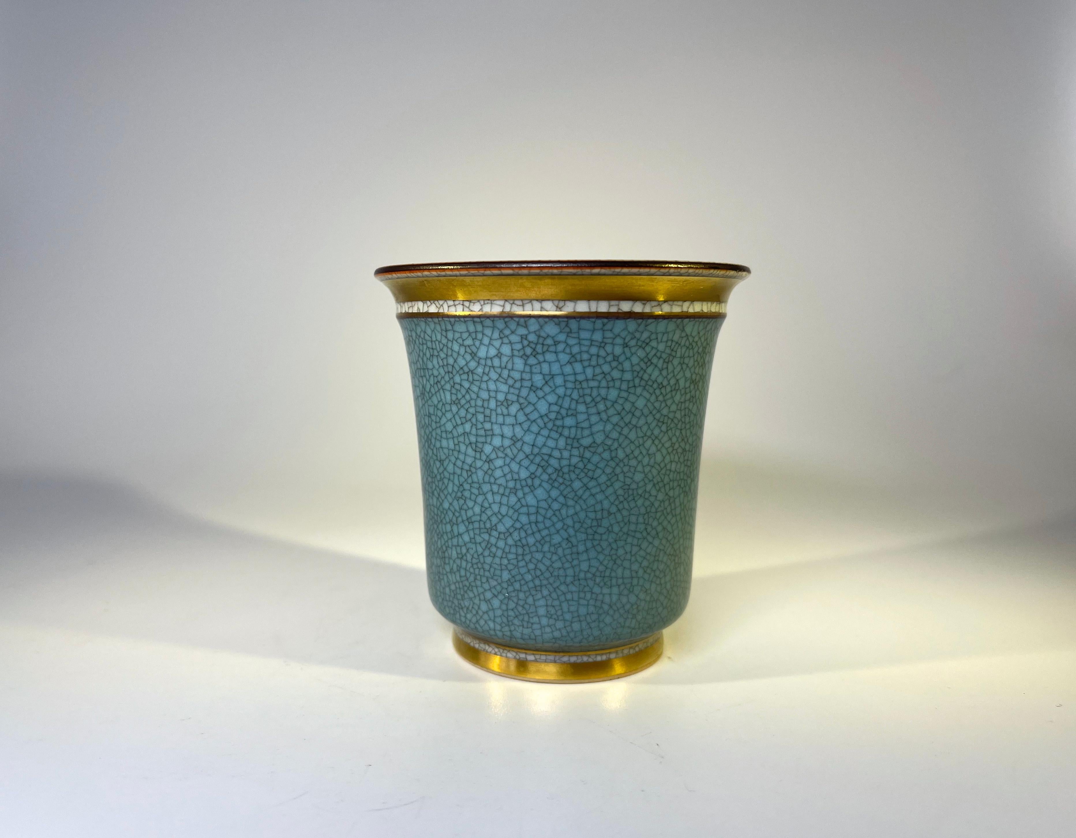 Danish Royal Copenhagen Turquoise Crackle Glaze Tumbler Pot With Gilded Decor #3491