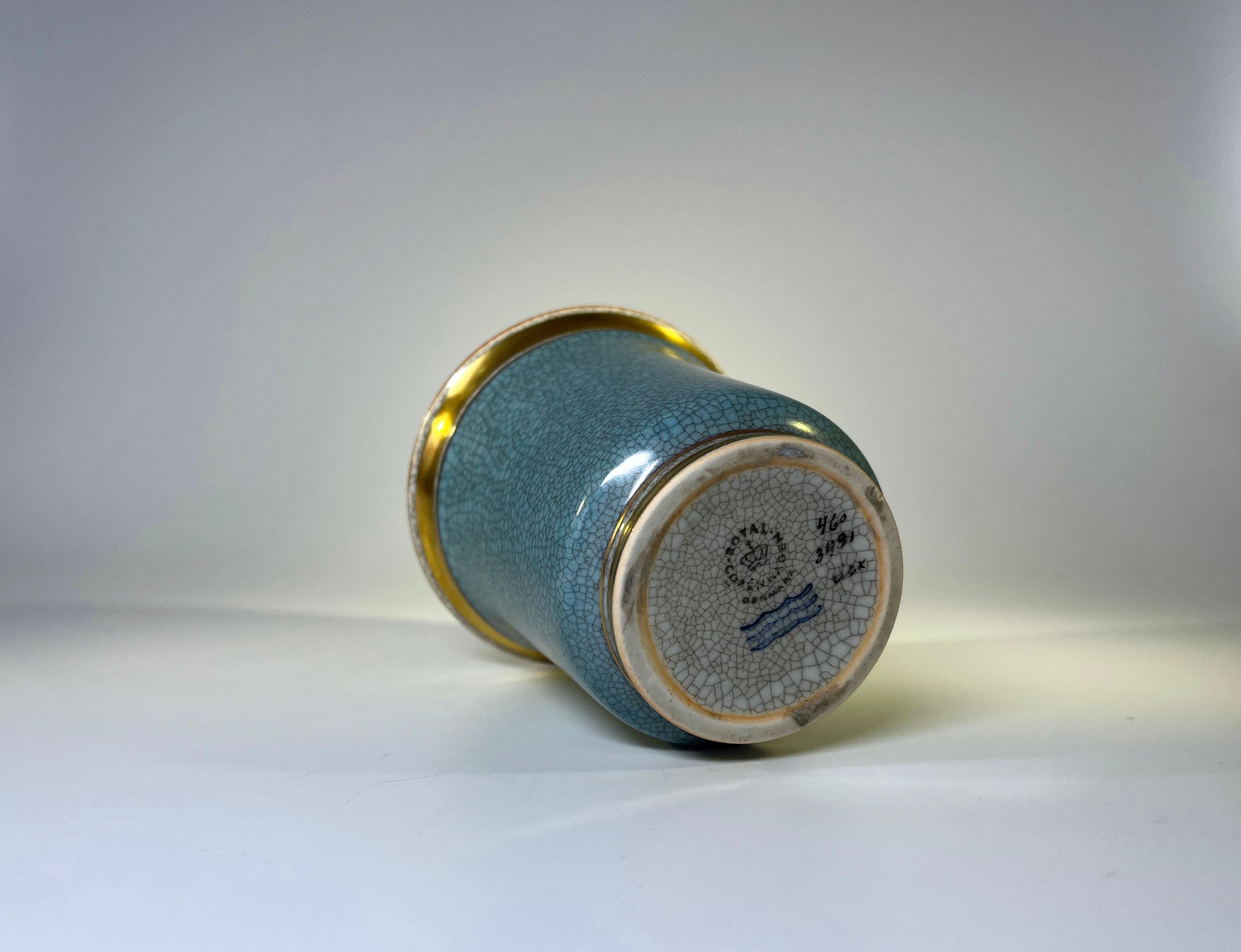 Royal Copenhagen Turquoise Crackle Glaze Tumbler Pot With Gilded Decor #3491 In Good Condition In Rothley, Leicestershire