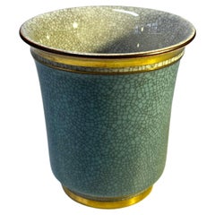 Royal Copenhagen Turquoise Crackle Glaze Tumbler Pot With Gilded Decor #3491