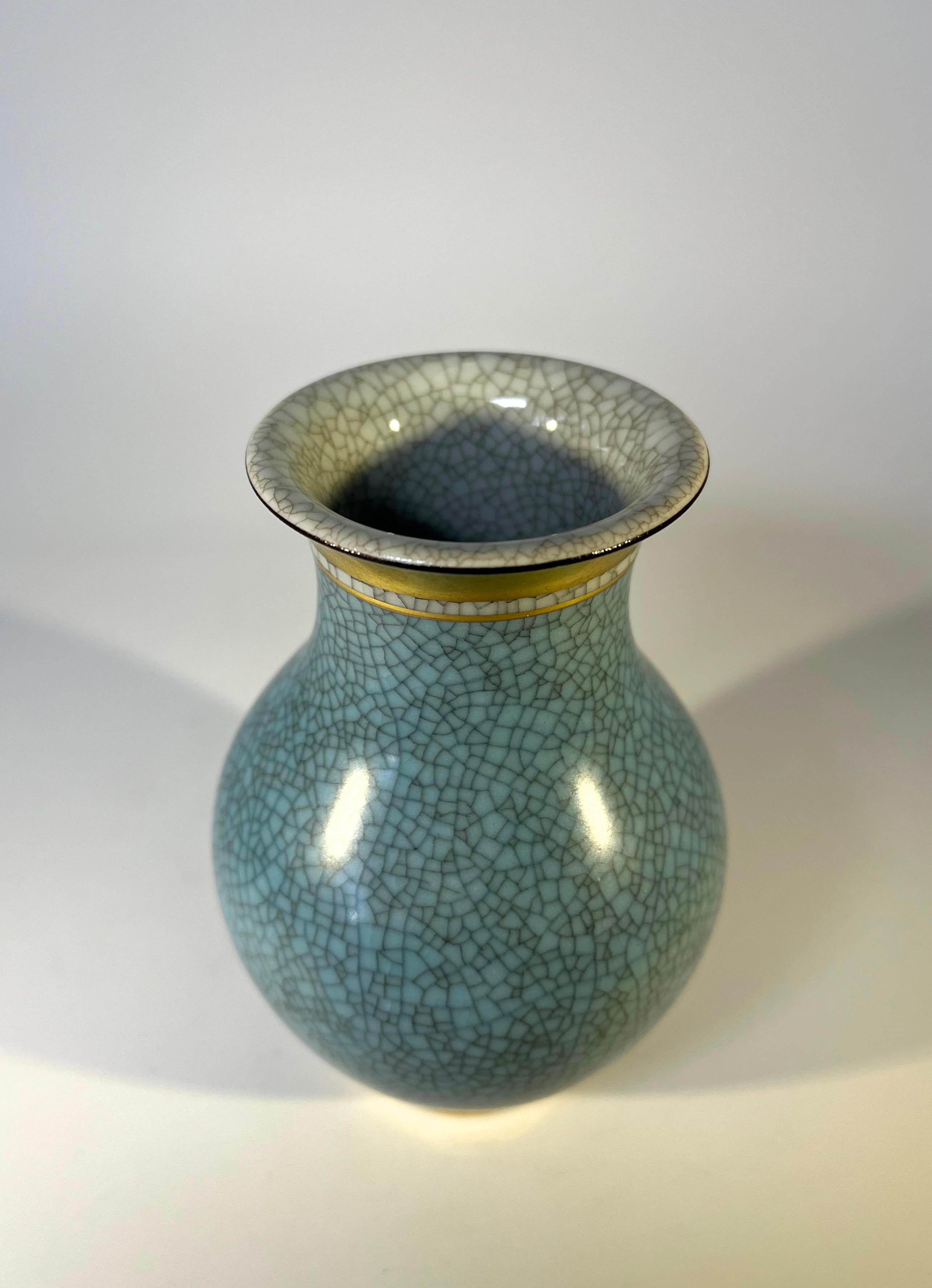 Scandinavian Modern Royal Copenhagen, Turquoise Crackle Glazed Vase With Gilded Banding  #2736