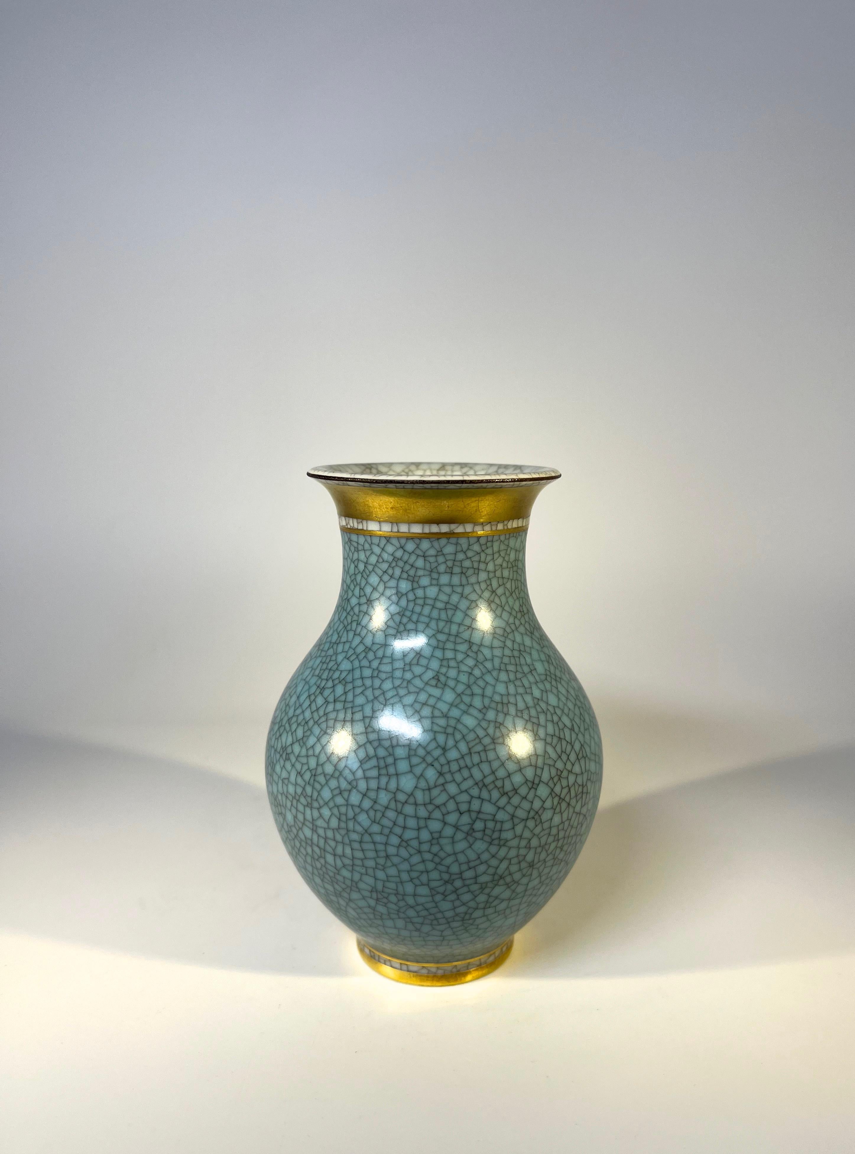 Danish Royal Copenhagen, Turquoise Crackle Glazed Vase With Gilded Banding  #2736