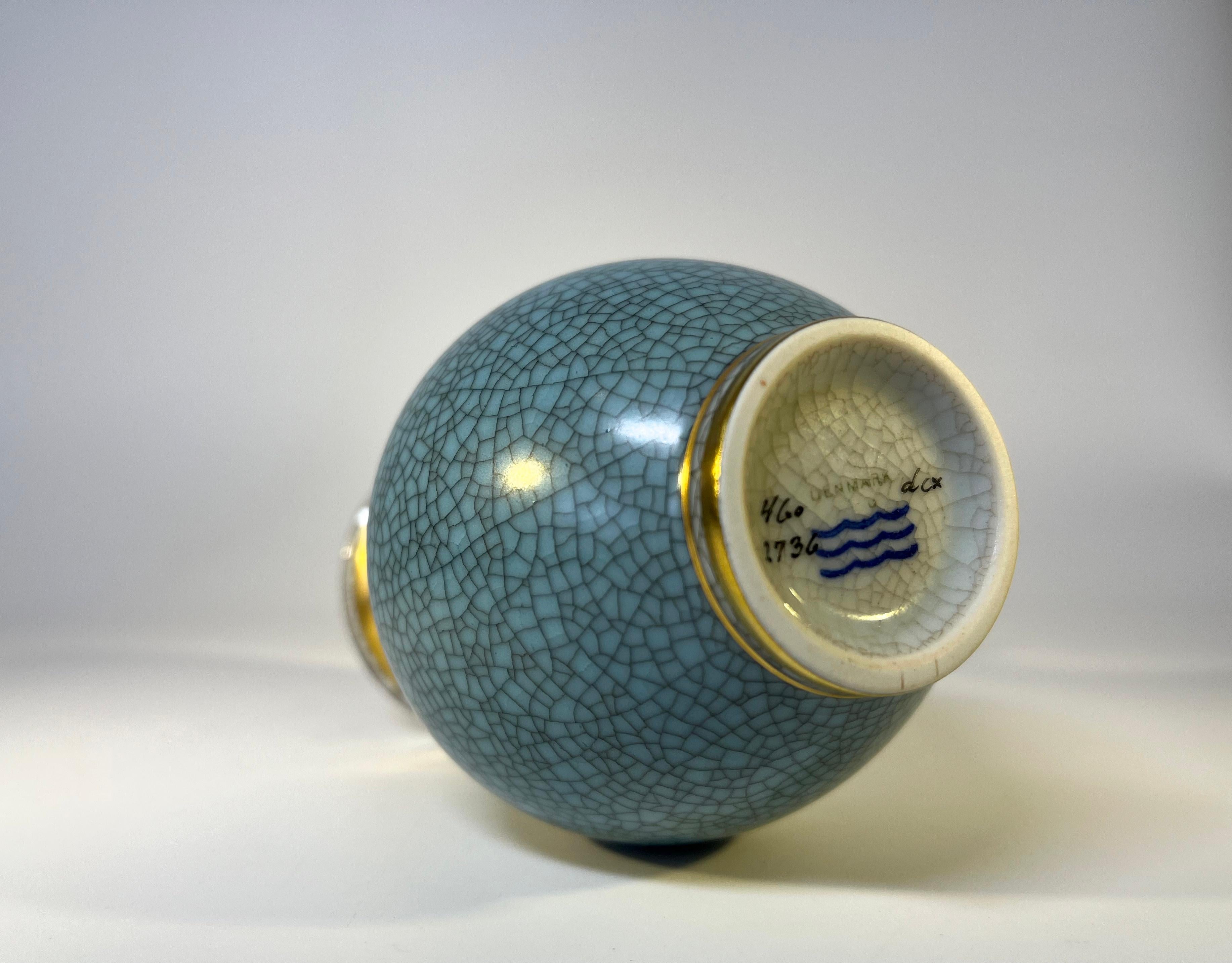 20th Century Royal Copenhagen, Turquoise Crackle Glazed Vase With Gilded Banding  #2736