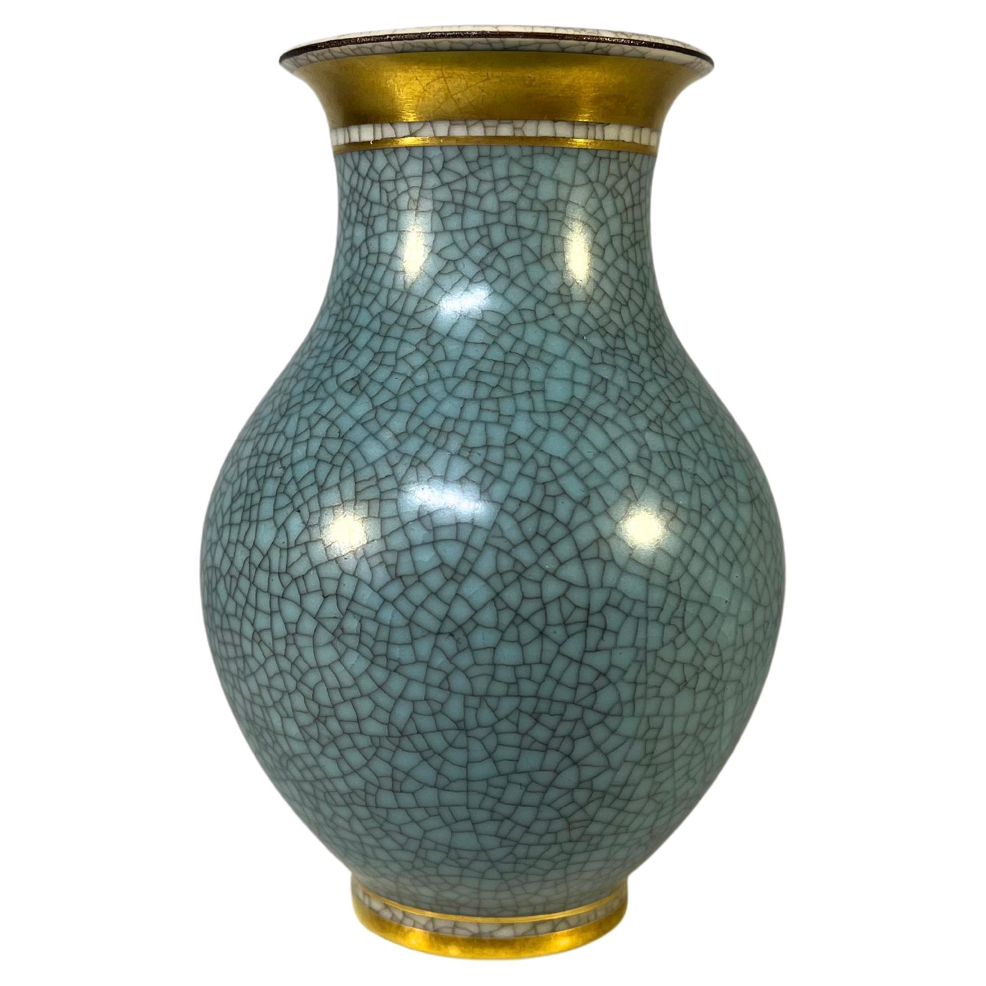 Royal Copenhagen, Turquoise Crackle Glazed Vase With Gilded Banding  #2736