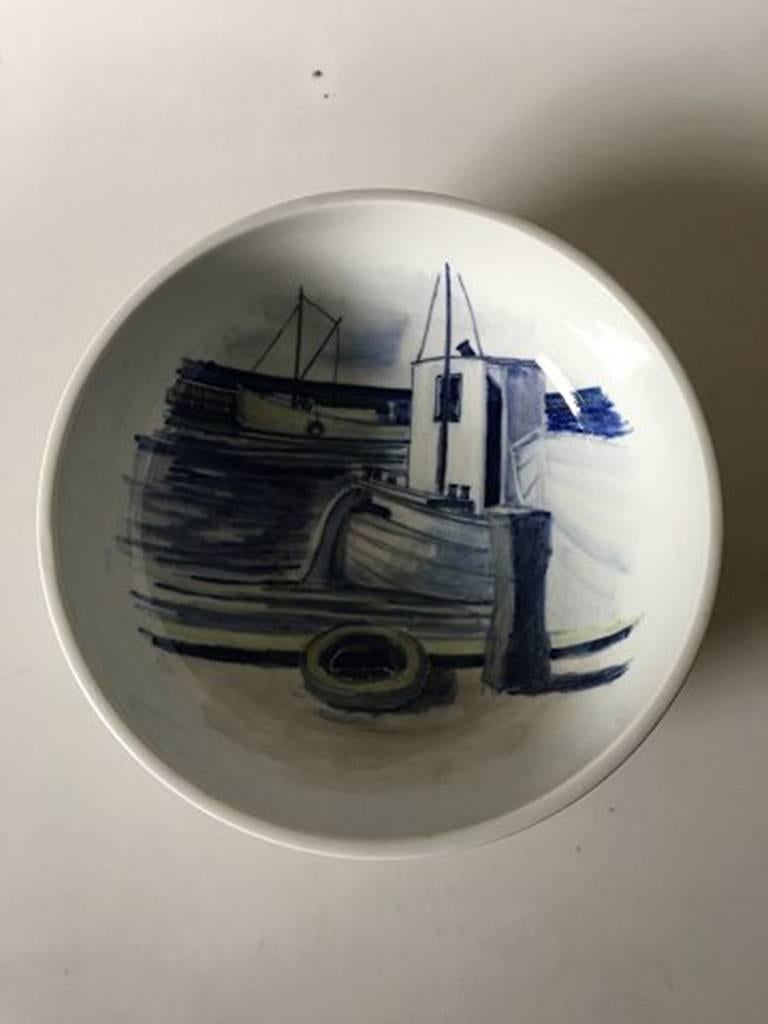 Royal Copenhagen unique bowl by Lars Swane with motif of Asaa Harbor, Vendsyssel. Measure: 9.5 cm H (3 47/64 inches) 27.5 cm diameter (10 53/64 inches). In perfect condition.