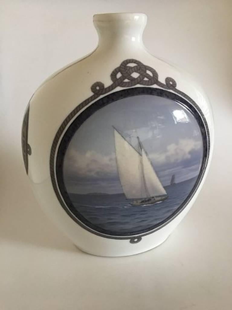 Royal Copenhagen unique vase decorated with ships by Christian Benjamin Olsen in 1918. Measures: 40 cm H. In good condition.