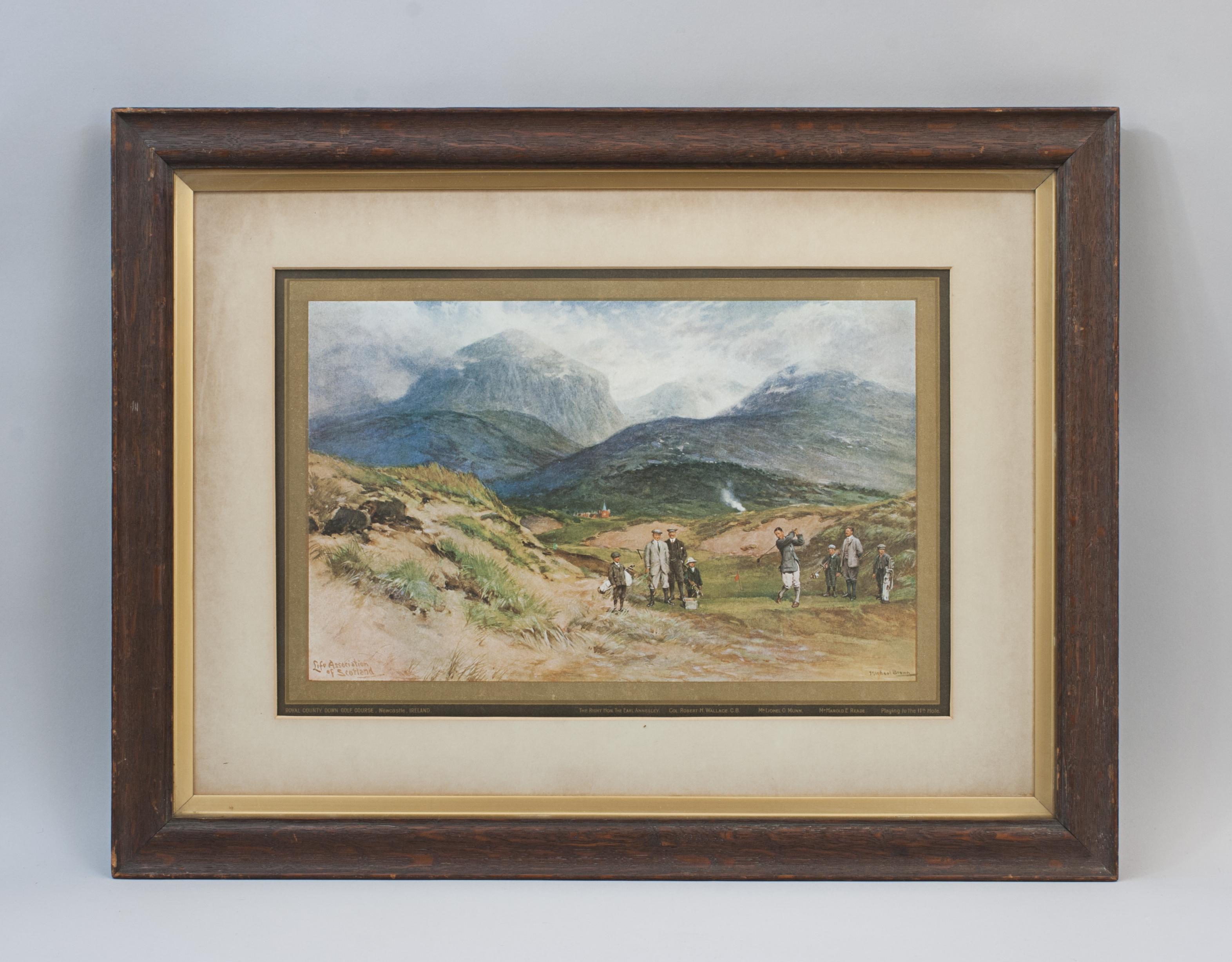 Royal County Down Golf Course.
A framed and mounted Life Association of Scotland 1914 calendar. The calendar is with a wonderful colourful golfing picture of Royal County Down Golf Course, the picture is taken from the painting by Michael Brown. The