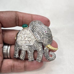 Royal couture natural rose uncut diamond emerald ruby silver elephant brooch pin