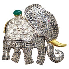 Royal couture natural rose uncut diamond emerald ruby silver elephant brooch pin
