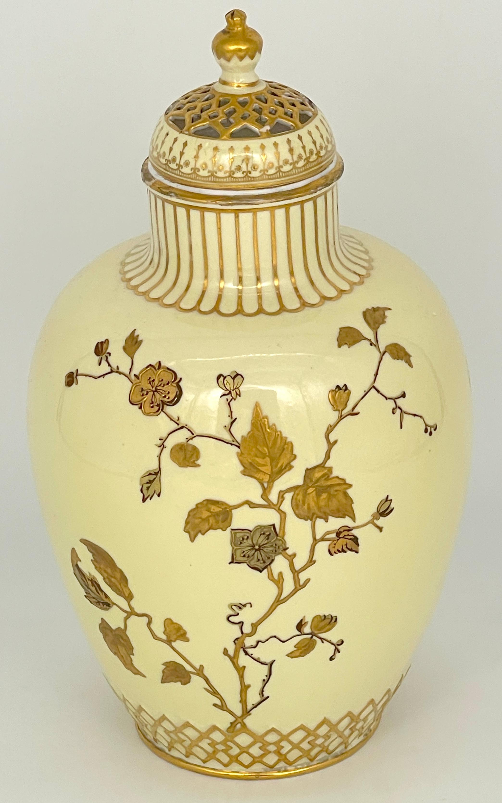 Royal Crown Derby Aesthetic Movement Gilt Potpourri Vase with Pierced Lid, Dated 1892
Dimensions: 10.5