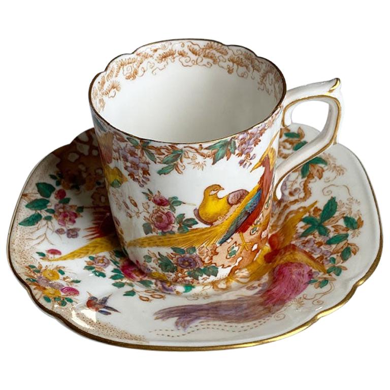 Royal Crown Derby Bird of Paradise Teacup and Saucer in Olde Avesbury Pattern
