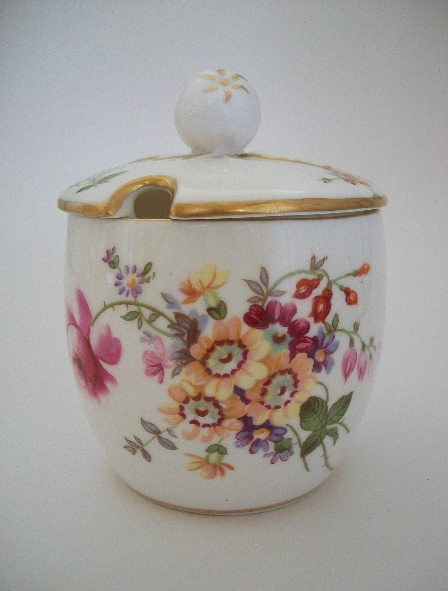 ROYAL CROWN DERBY (Manufacturer) - Derby Posies (Pattern) - Vintage china lidded jam jar with floral transfer decoration - featuring hand painted gilt decoration to the lid, rim and base rim - both the lid and the jar signed to the underside -