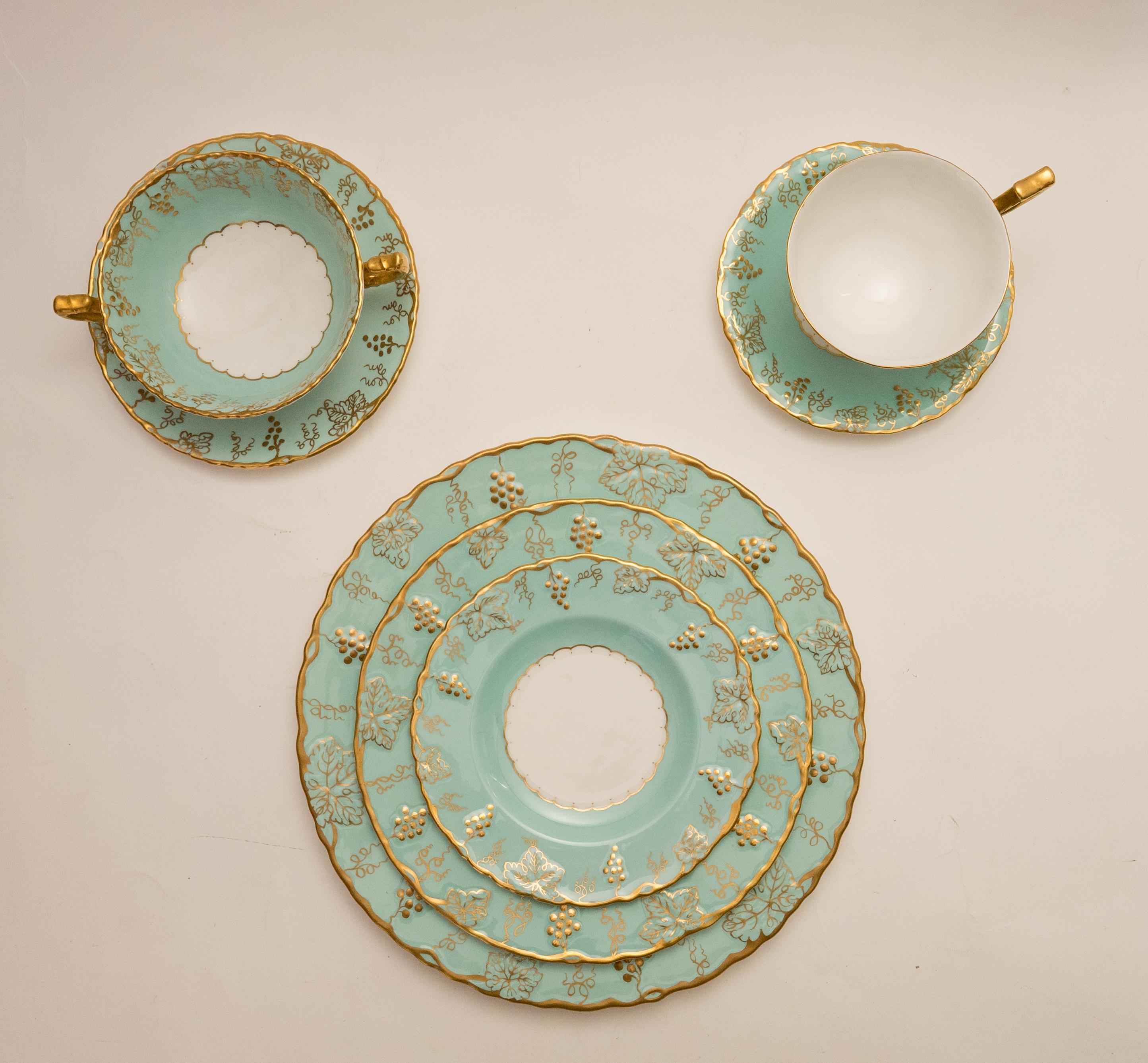 Gold Royal Crown Derby Dinner Service for 12, Turquoise & Gilt Vine Vintage