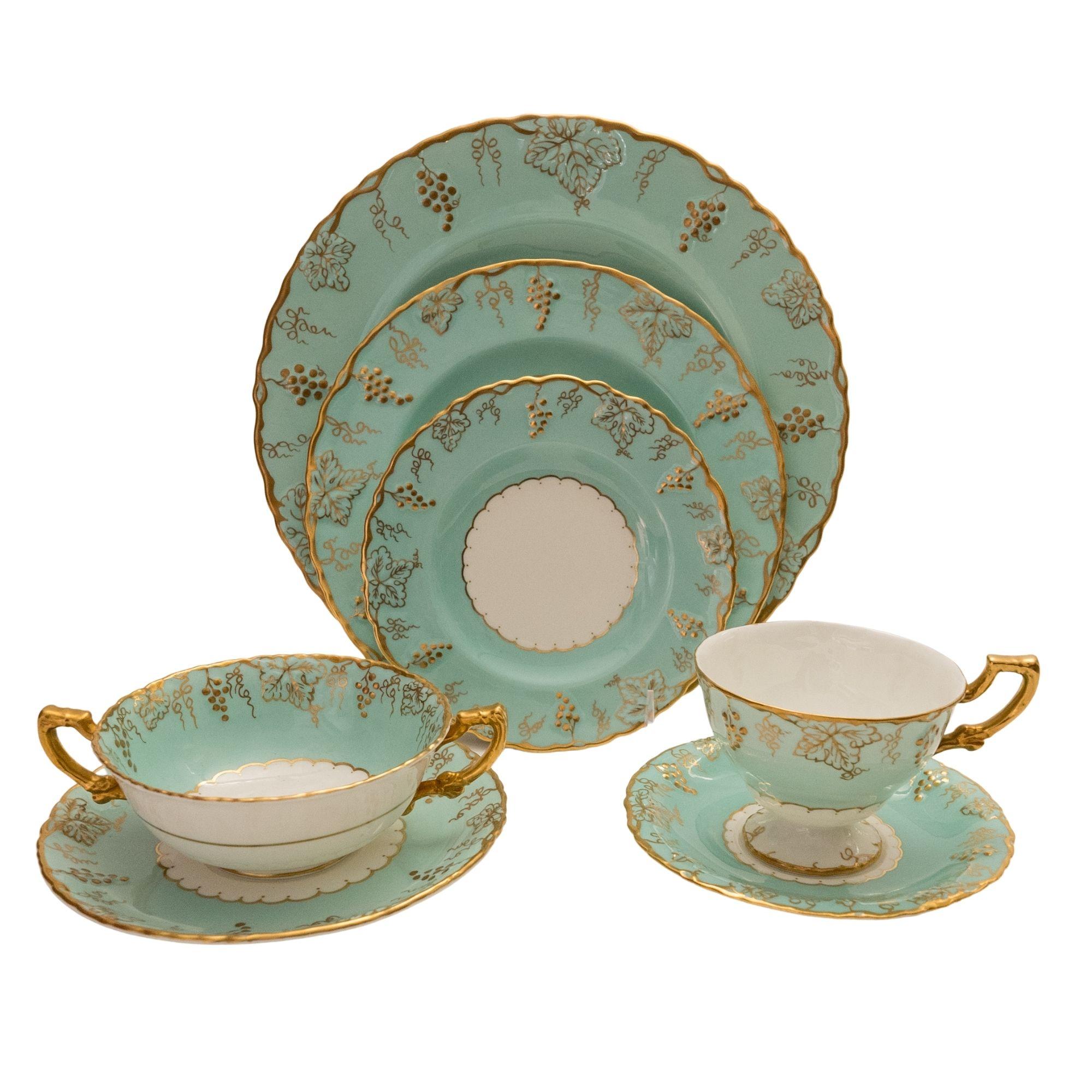 Royal Crown Derby Dinner Service for 12, Turquoise & Gilt Vine Vintage 1