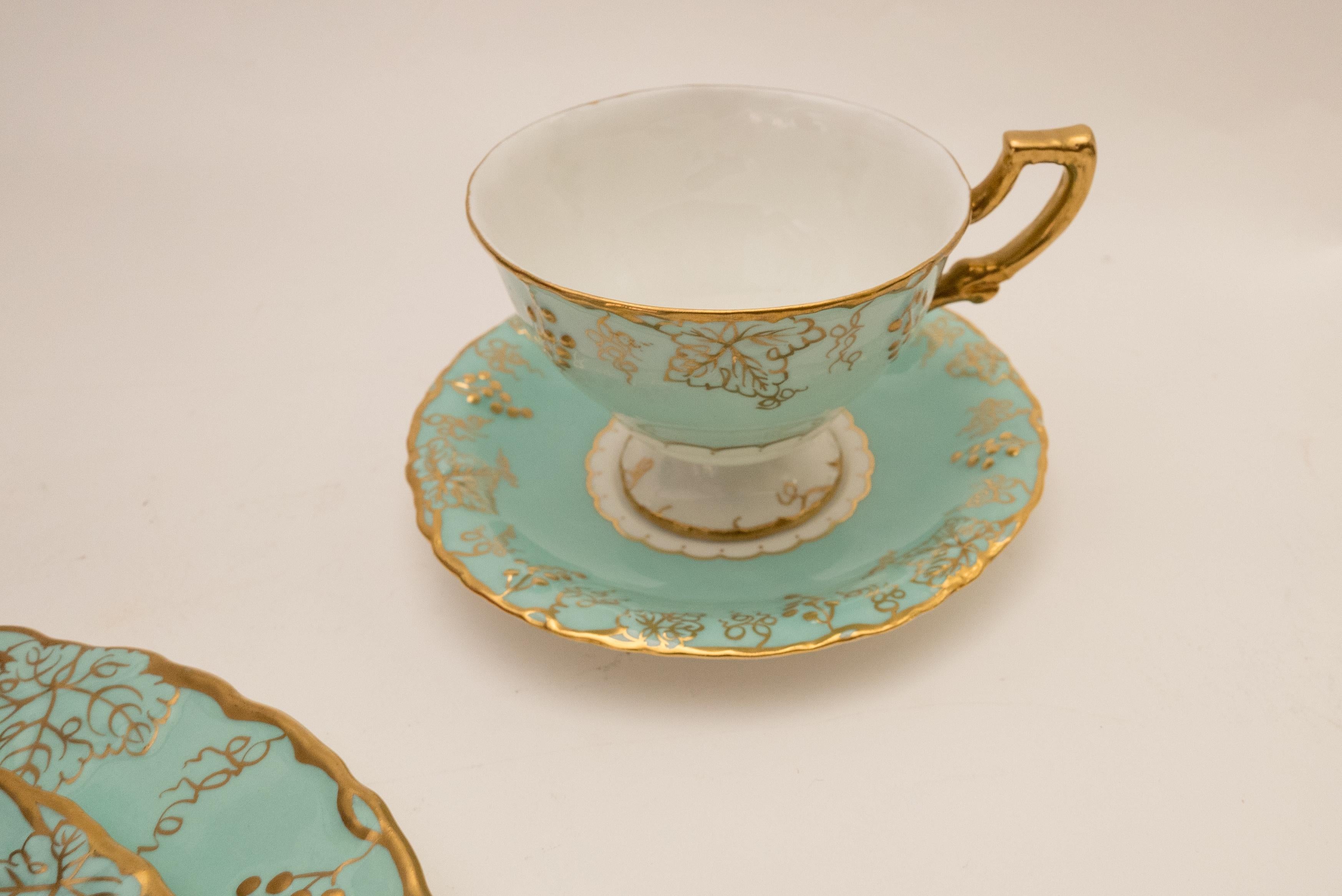 British Royal Crown Derby Dinner Service for 12, Turquoise & Gilt Vine Vintage
