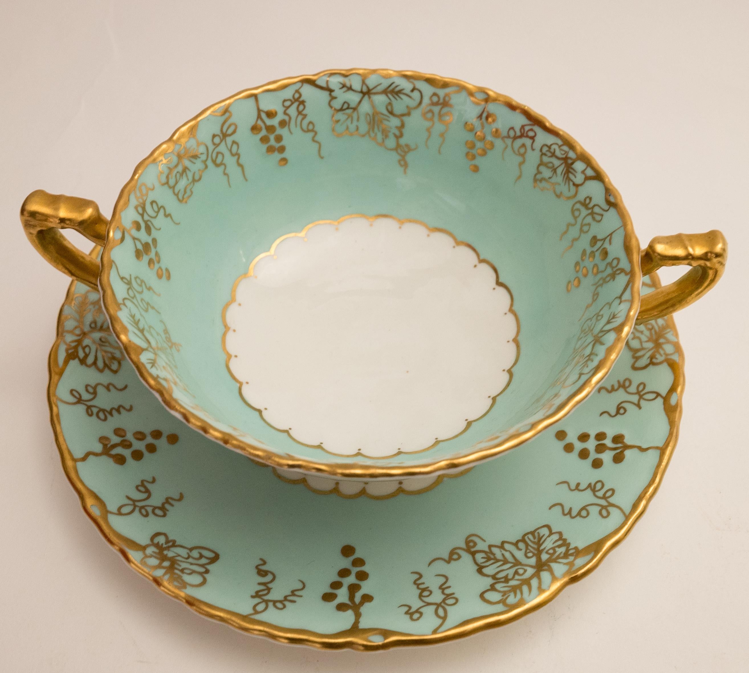 Hand-Crafted Royal Crown Derby Dinner Service for 12, Turquoise & Gilt Vine Vintage