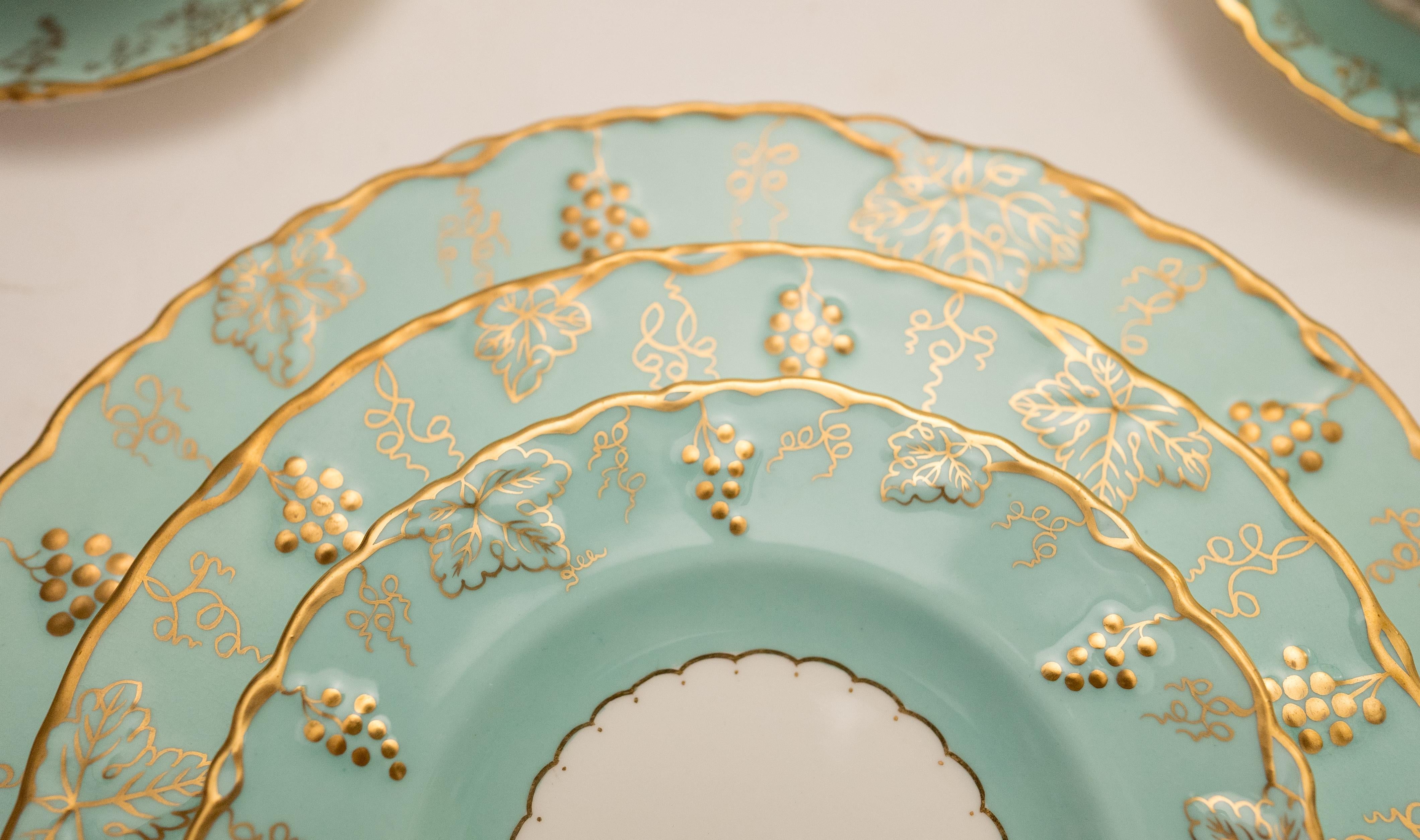 Mid-20th Century Royal Crown Derby Dinner Service for 12, Turquoise & Gilt Vine Vintage