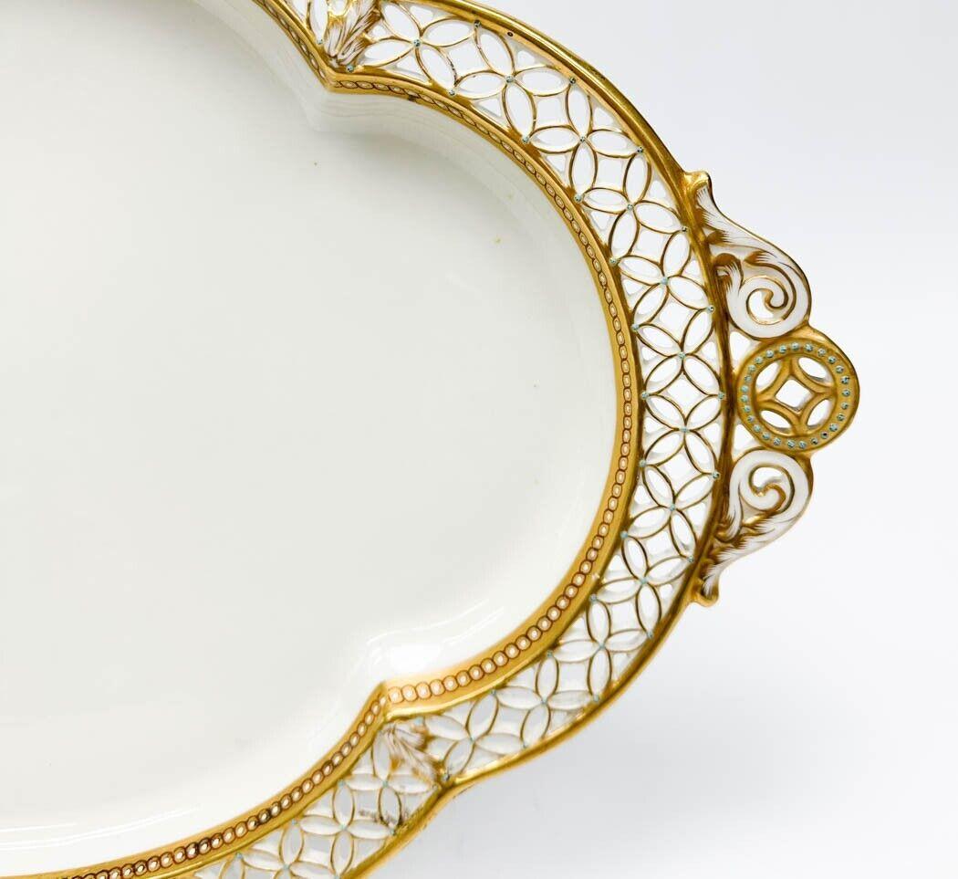 Hand-Painted  Royal Crown Derby Hand Painted Beaded Enamel Reticulated Porcelain Tray For Sale