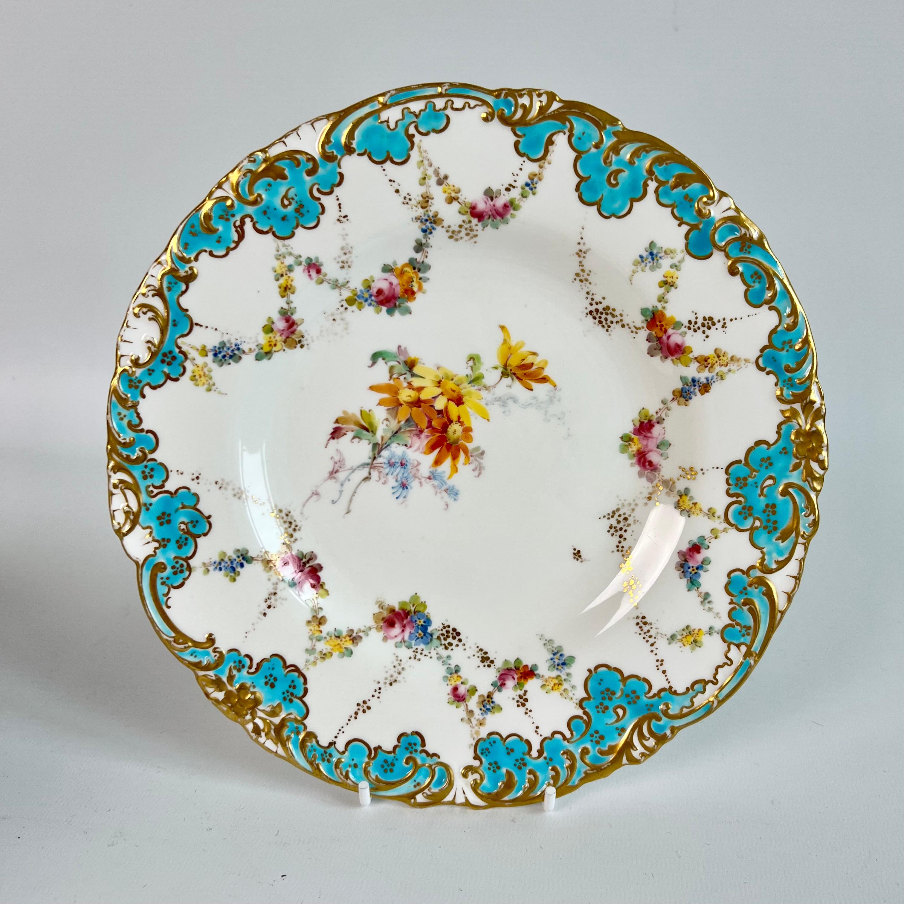 English Royal Crown Derby Part Dessert Service, Turquoise with Flower Garlands, 1916 For Sale