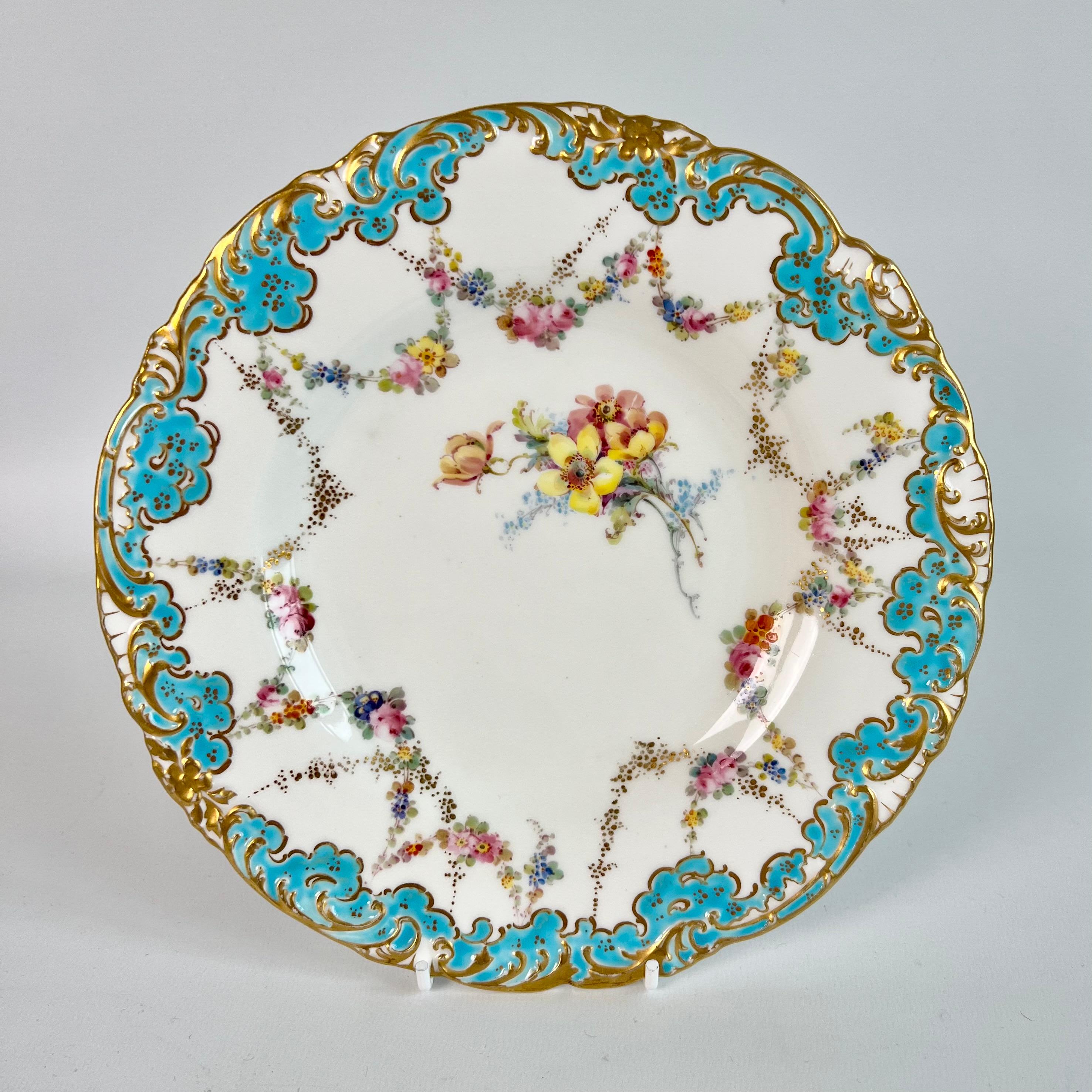 Hand-Painted Royal Crown Derby Part Dessert Service, Turquoise with Flower Garlands, 1916 For Sale