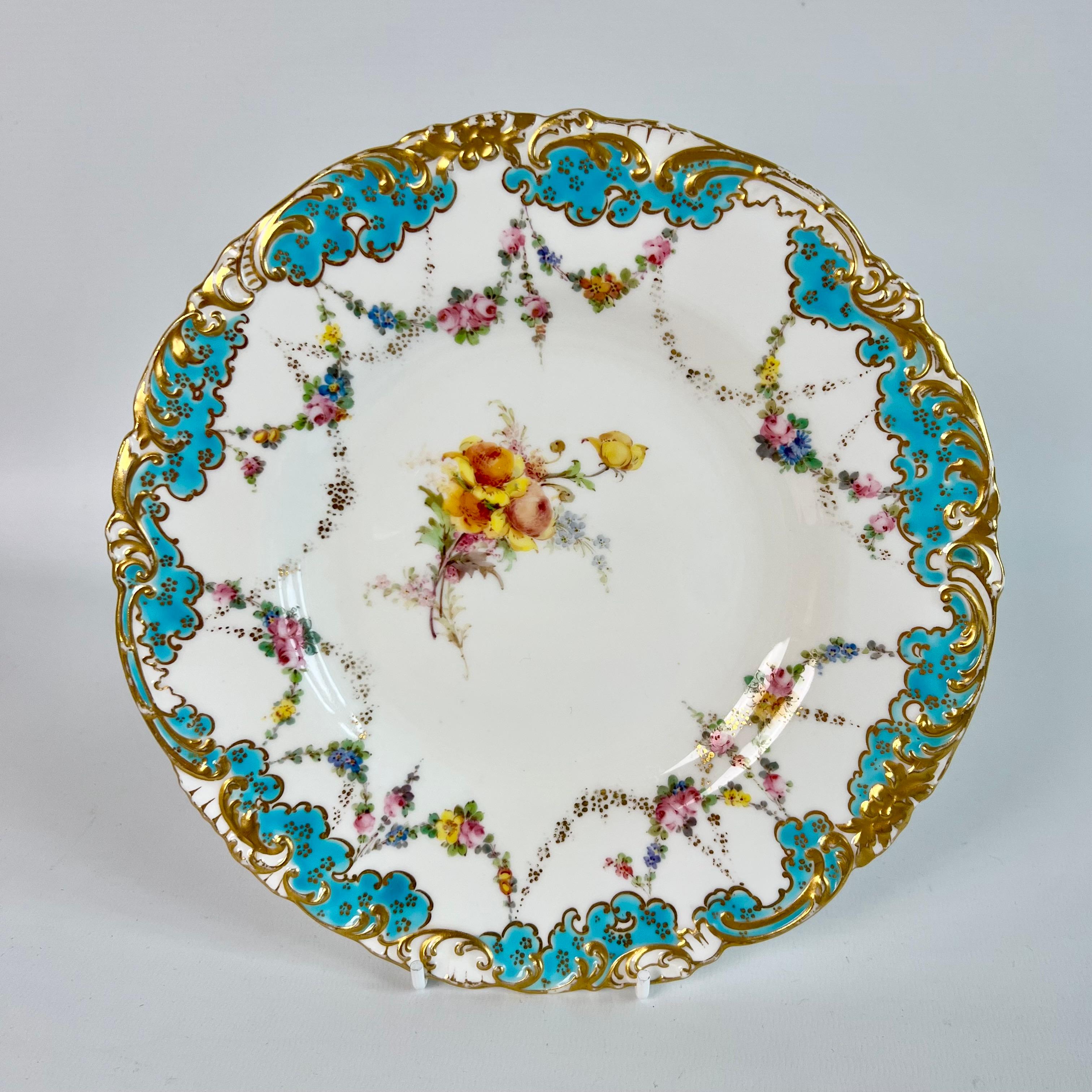 Early 20th Century Royal Crown Derby Part Dessert Service, Turquoise with Flower Garlands, 1916 For Sale