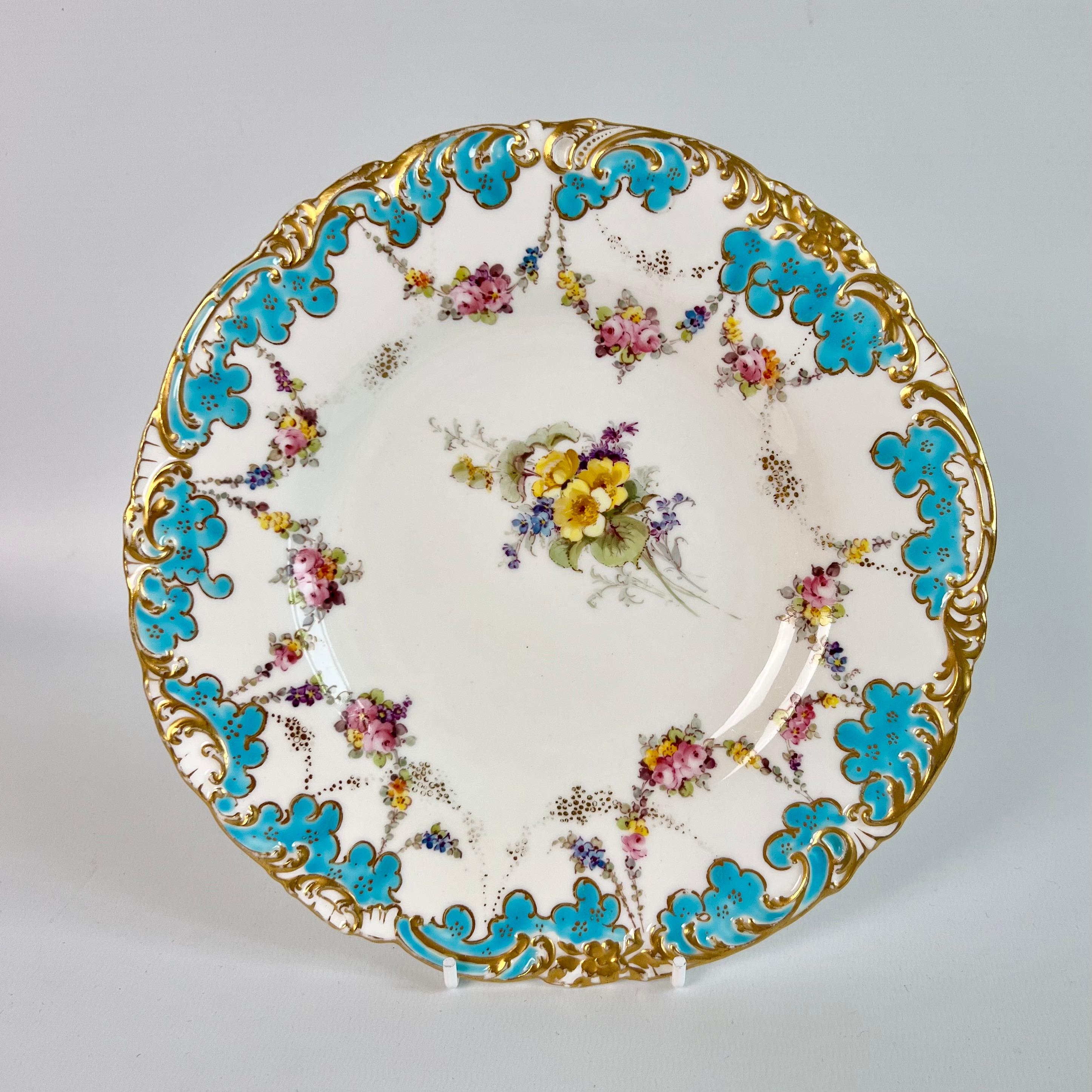 Porcelain Royal Crown Derby Part Dessert Service, Turquoise with Flower Garlands, 1916 For Sale